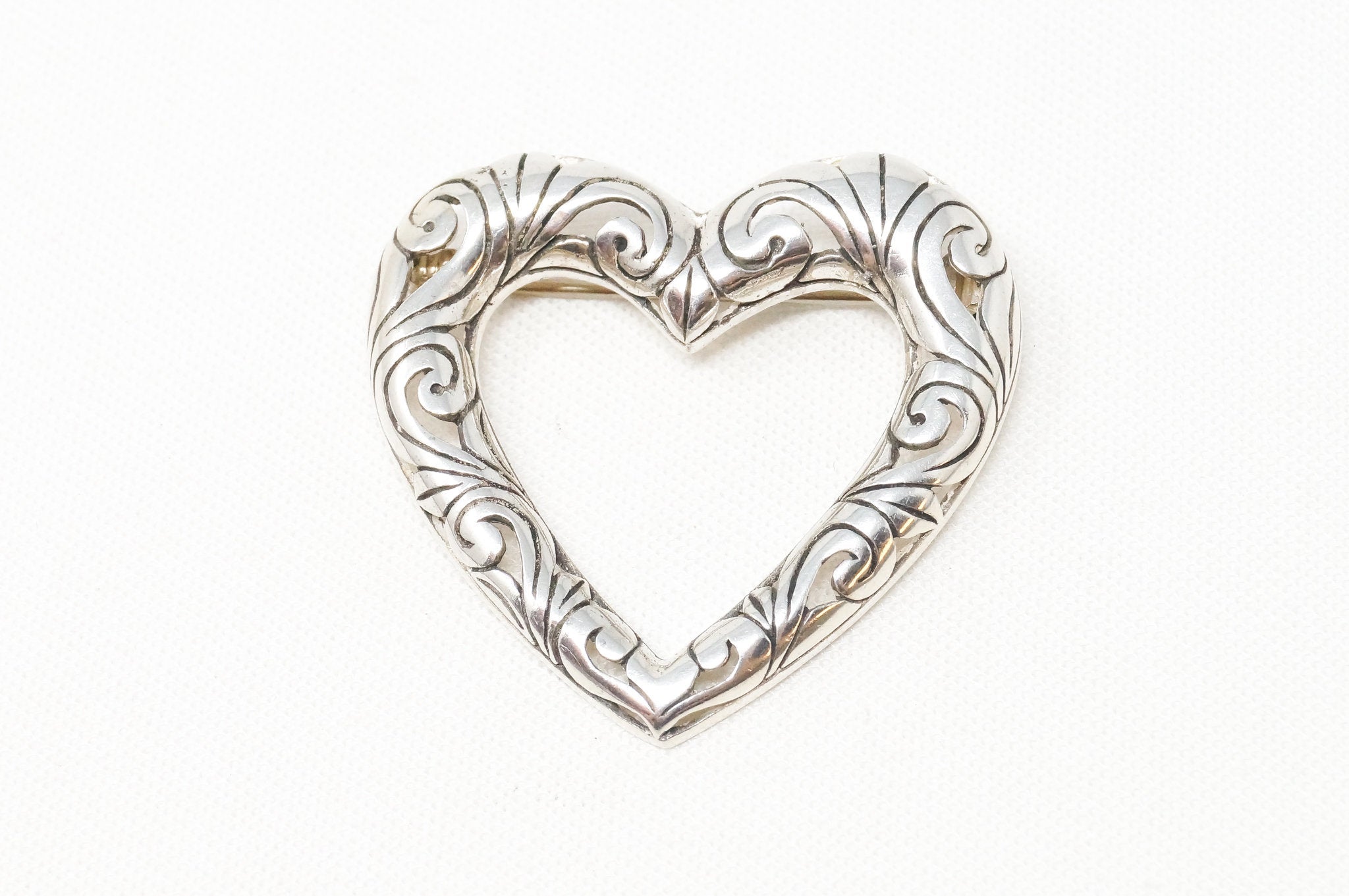Vintage Open Heart Art Deco Swirl Sterling Silver Brooch Pin