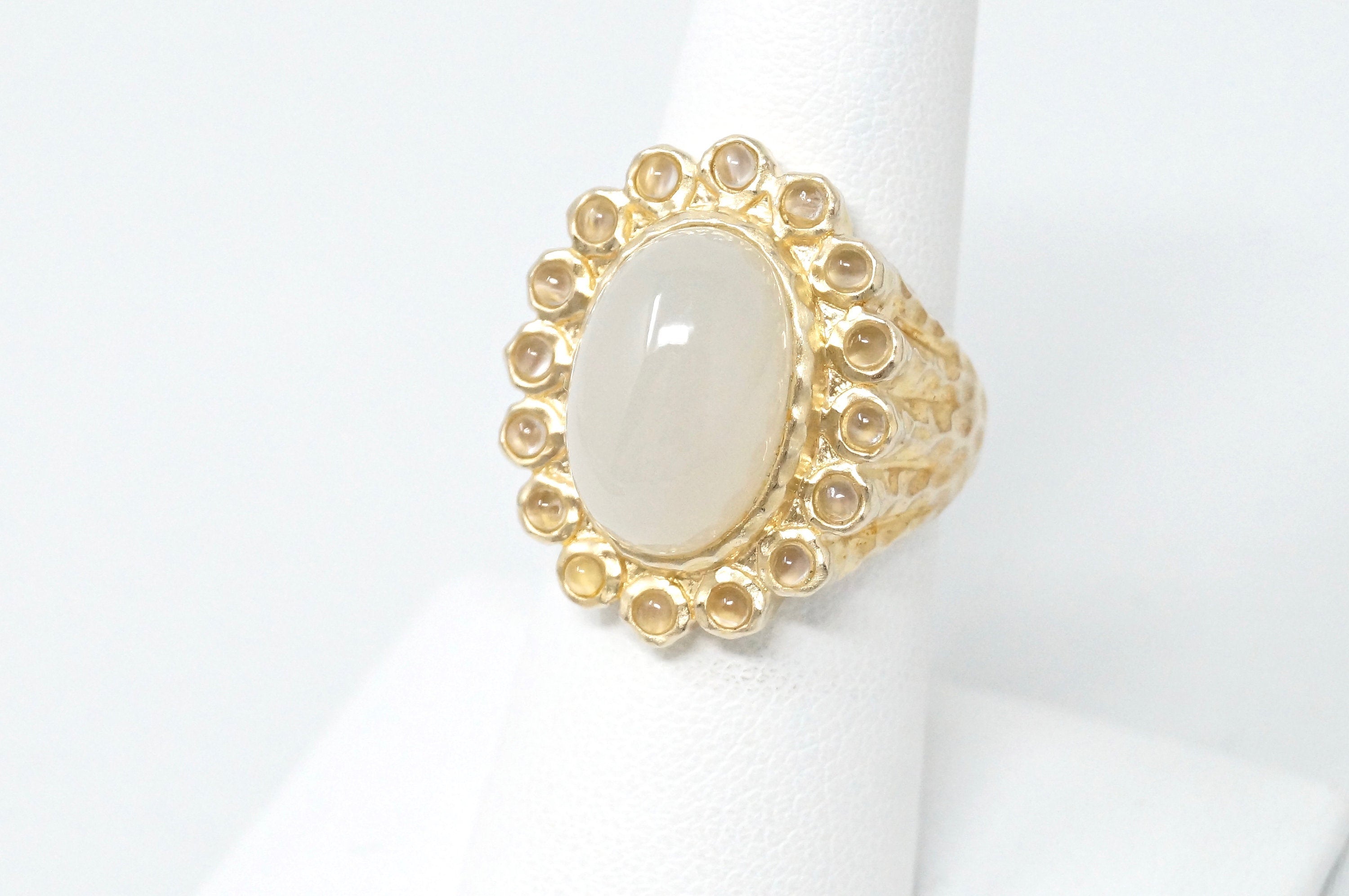 Vintage White Moonstone Gold Vermeil Hammered Style Ring Sterling Silver- Size 7