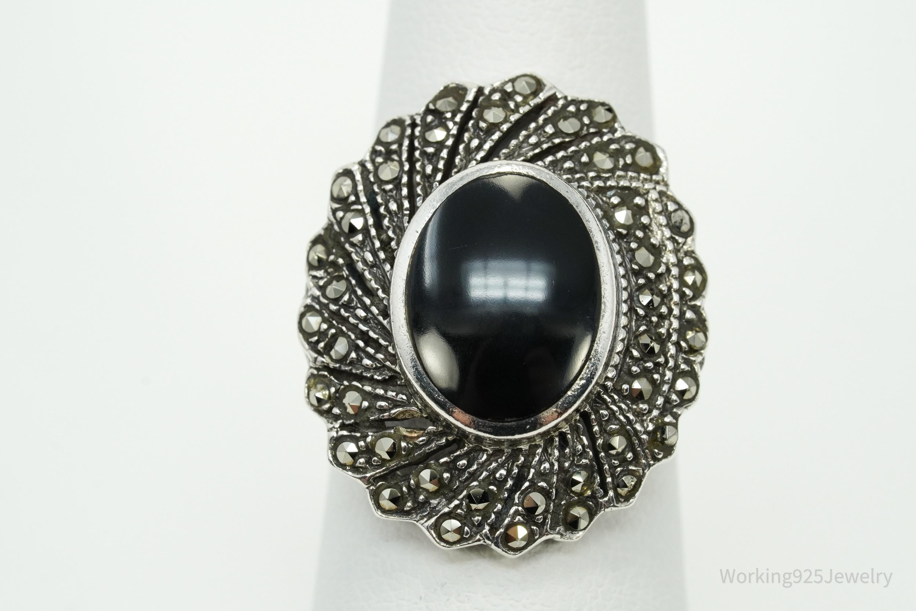Vintage Black Onyx & Marcasite Sterling Silver Ring - Size 6.25