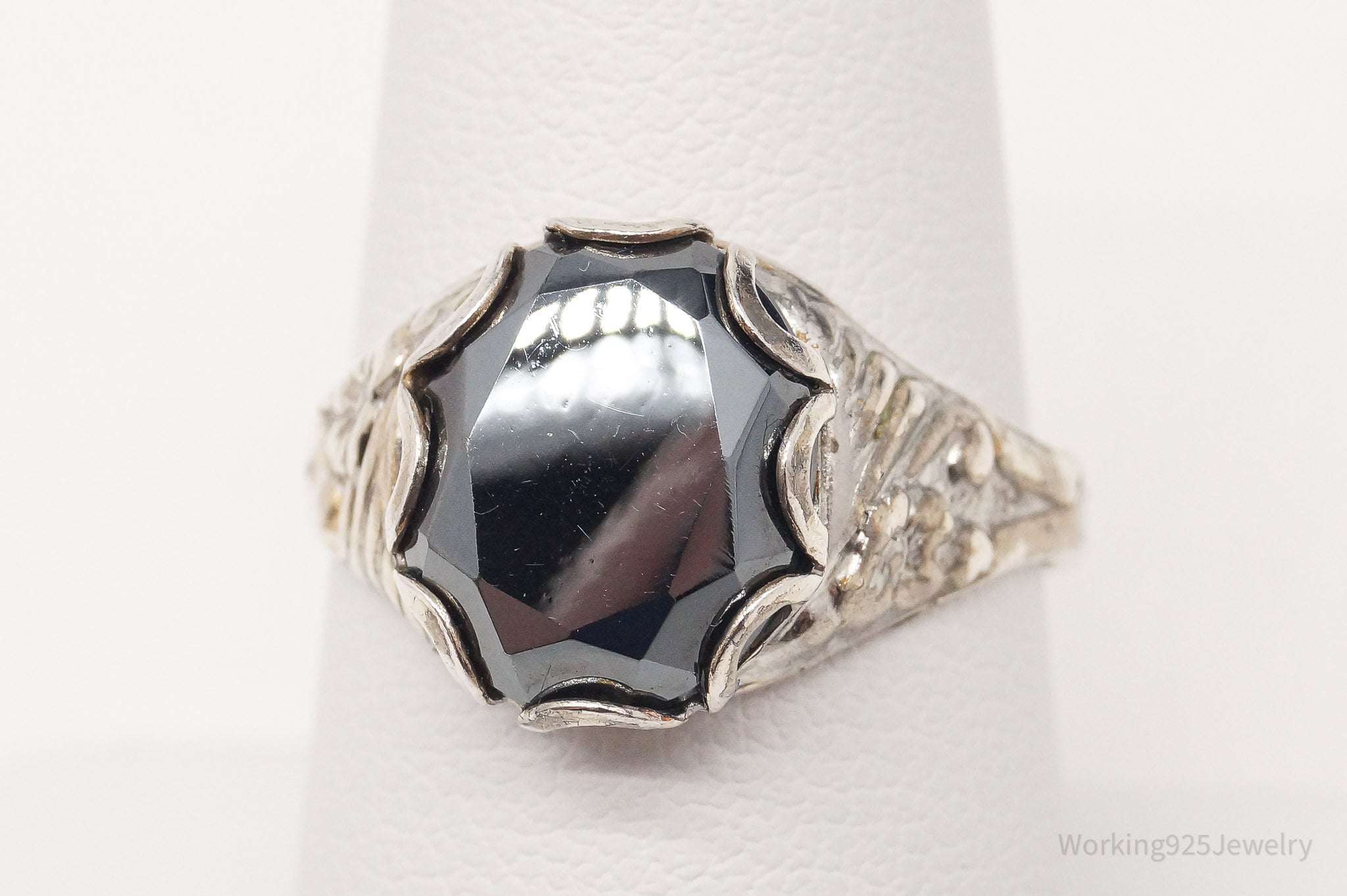 Antique Designer Hematite Sterling Silver Ring - Size 8 Adjustable