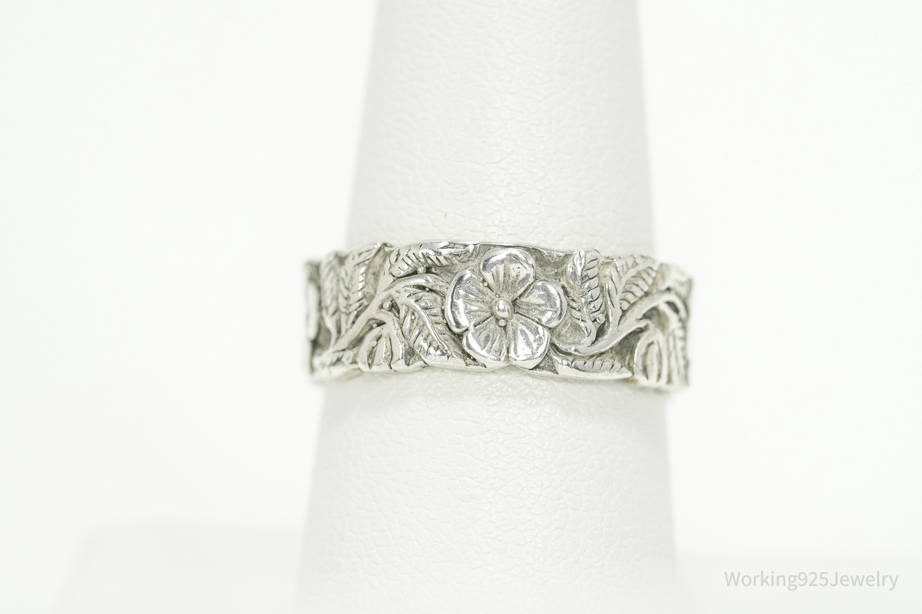 Vintage Floral Flowers Vines Sterling Silver Band Ring - Size 8