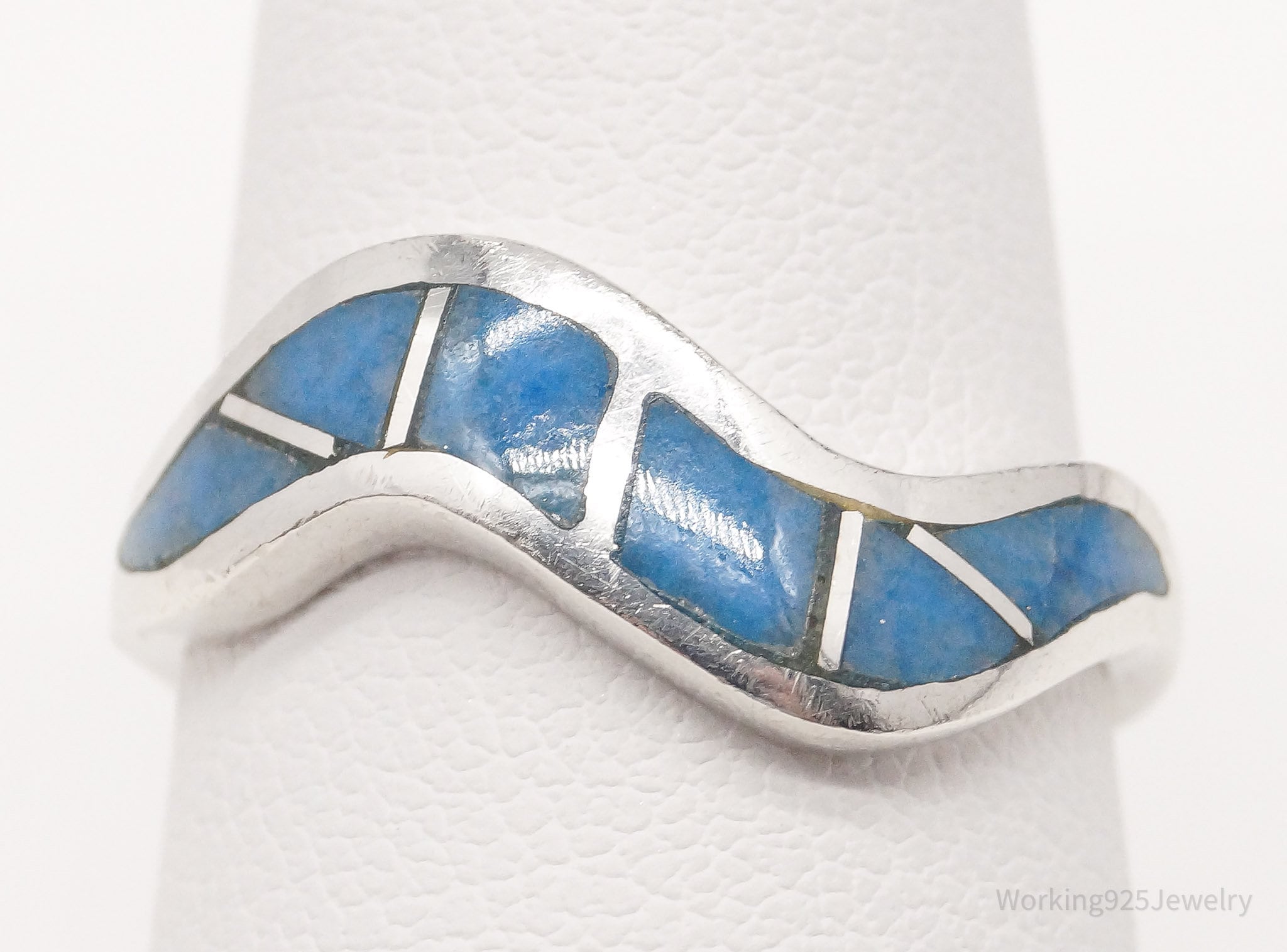Vintage Native American Denim Lapis Lazuli Inlay Sterling Silver Ring Size 7.5