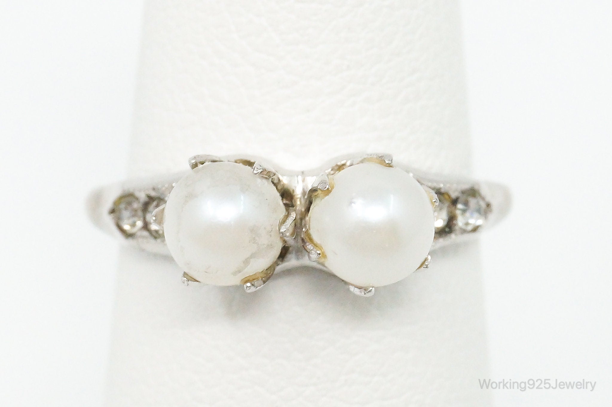 Antique Pearl Rhinestone Sterling Silver Ring - Size 6