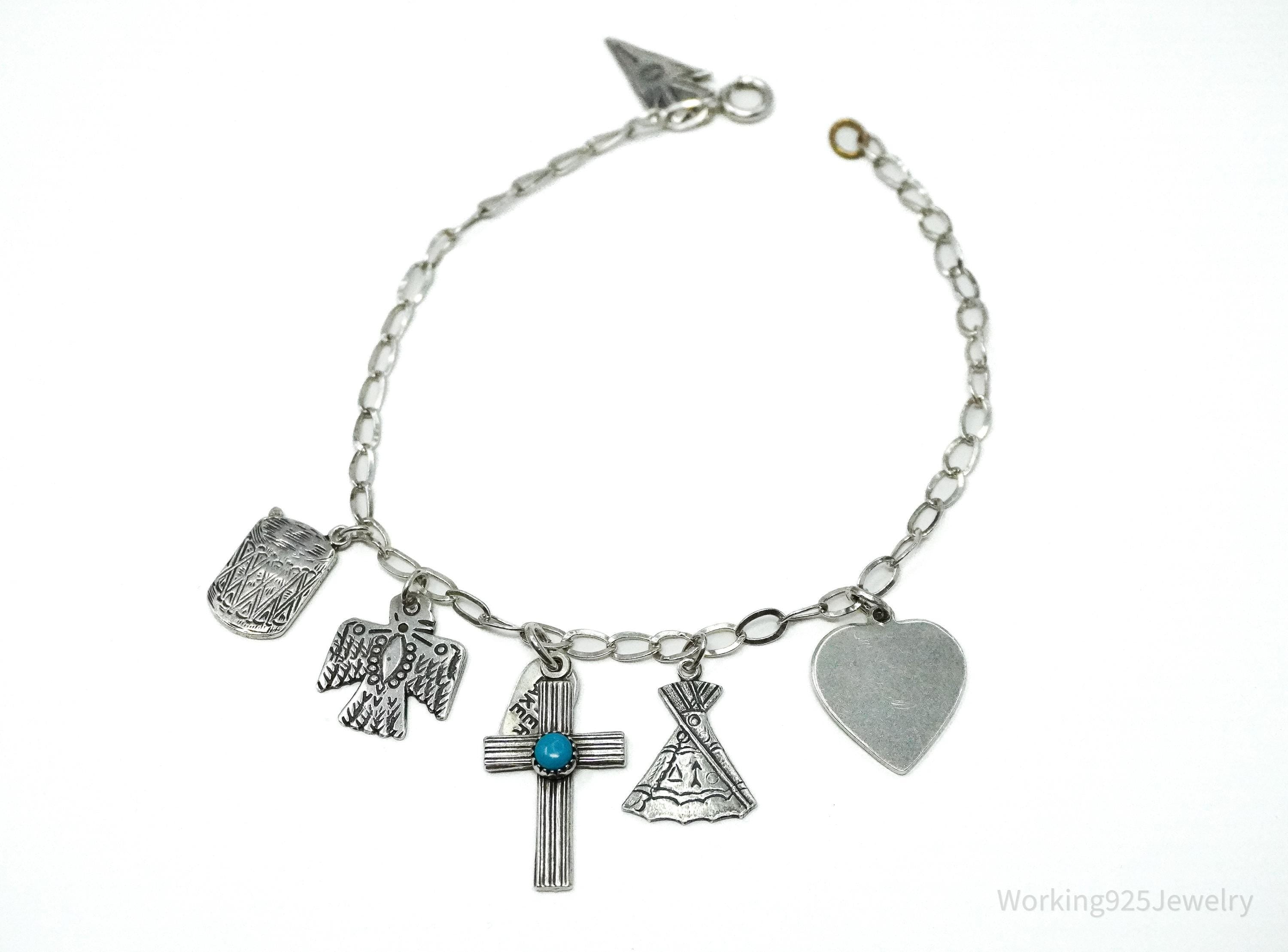 Vintage Southwestern Charms Sterling Silver Bracelet / Anklet 8 3/8"