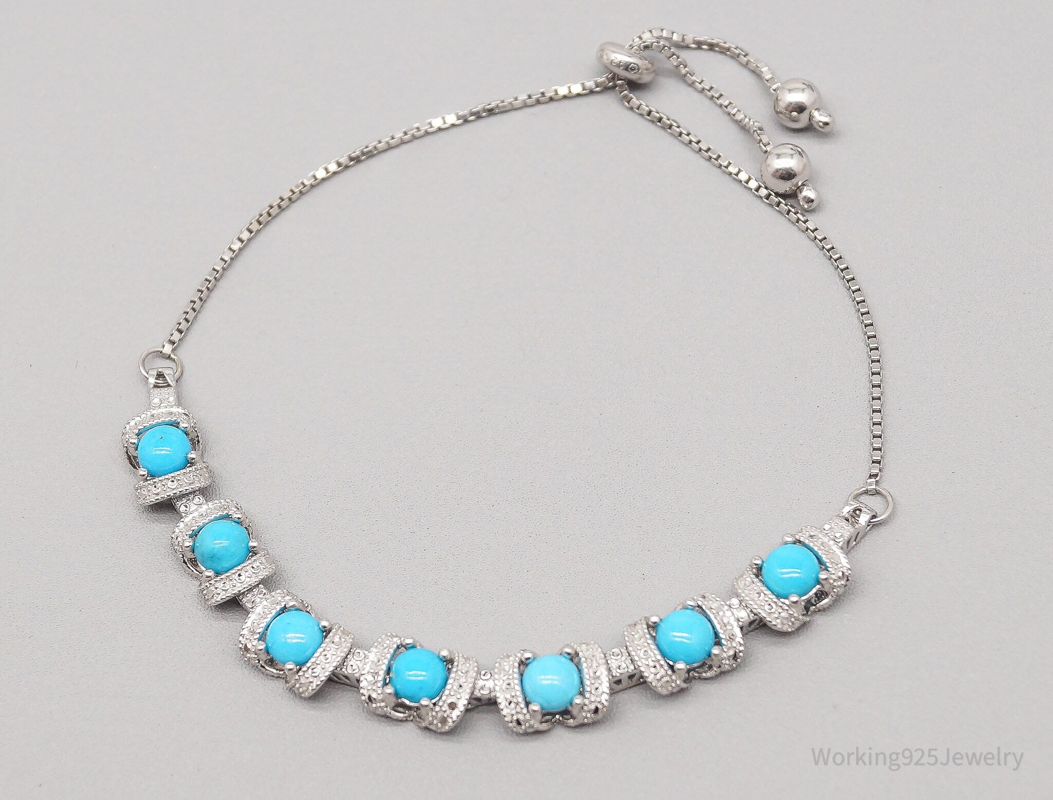 Vintage Blue Turquoise Sterling Silver Adjustable Bracelet / Anklet - 9 7/8"