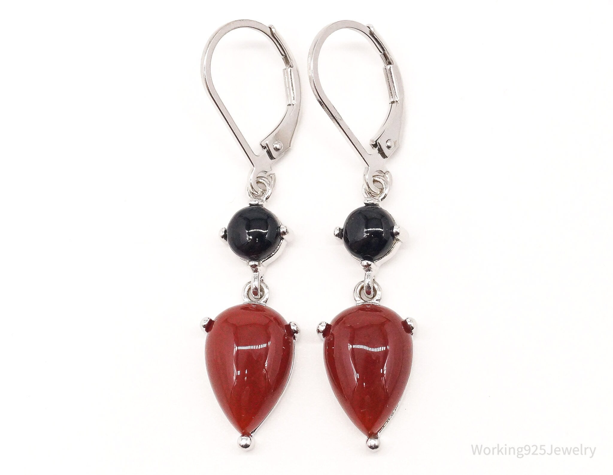 Vintage Designer Ross Simons Carnelian Black Onyx Sterling Silver Earrings