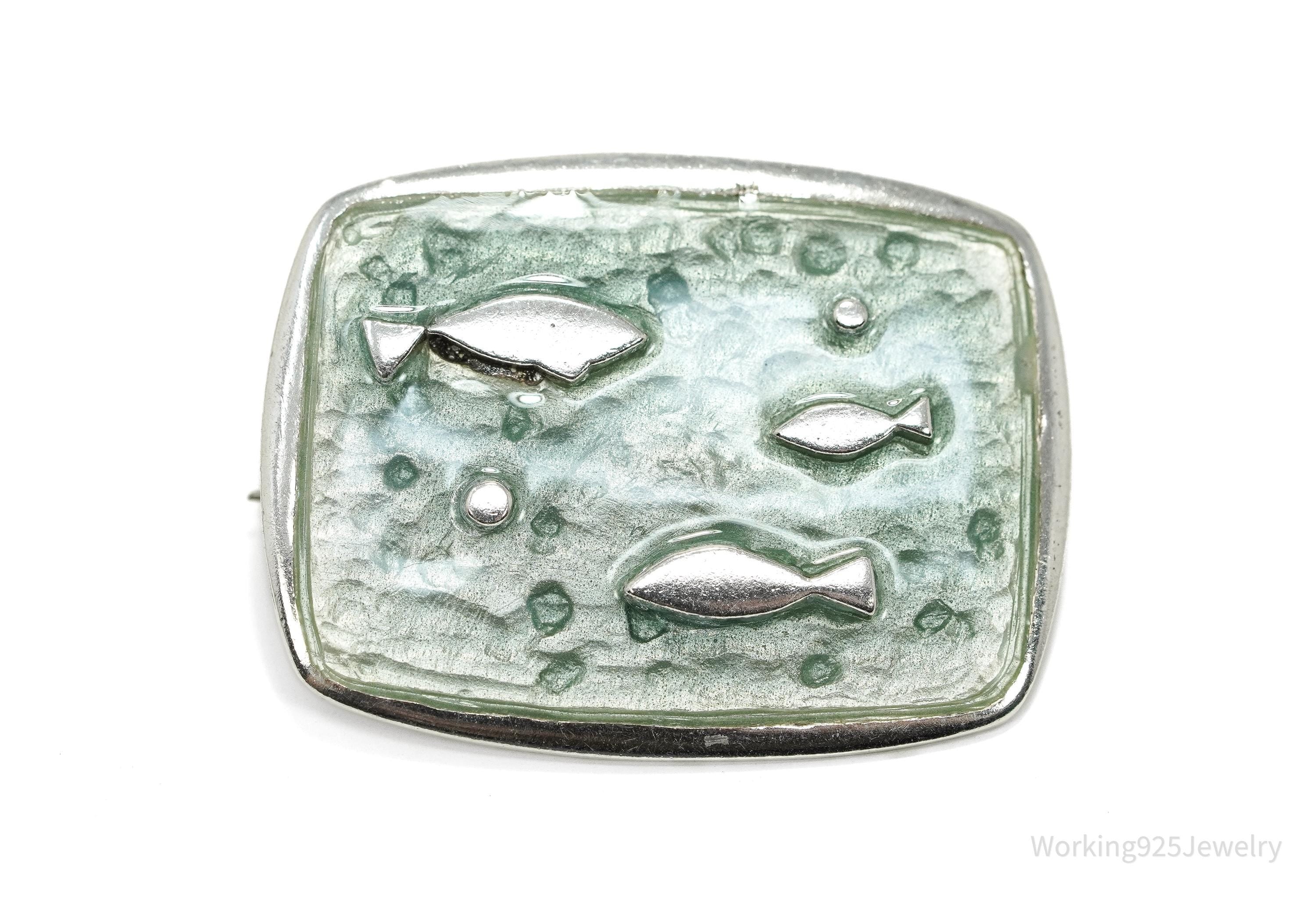 Rare Vintage Fish Enamel Modernist Sterling Silver Brooch Pin