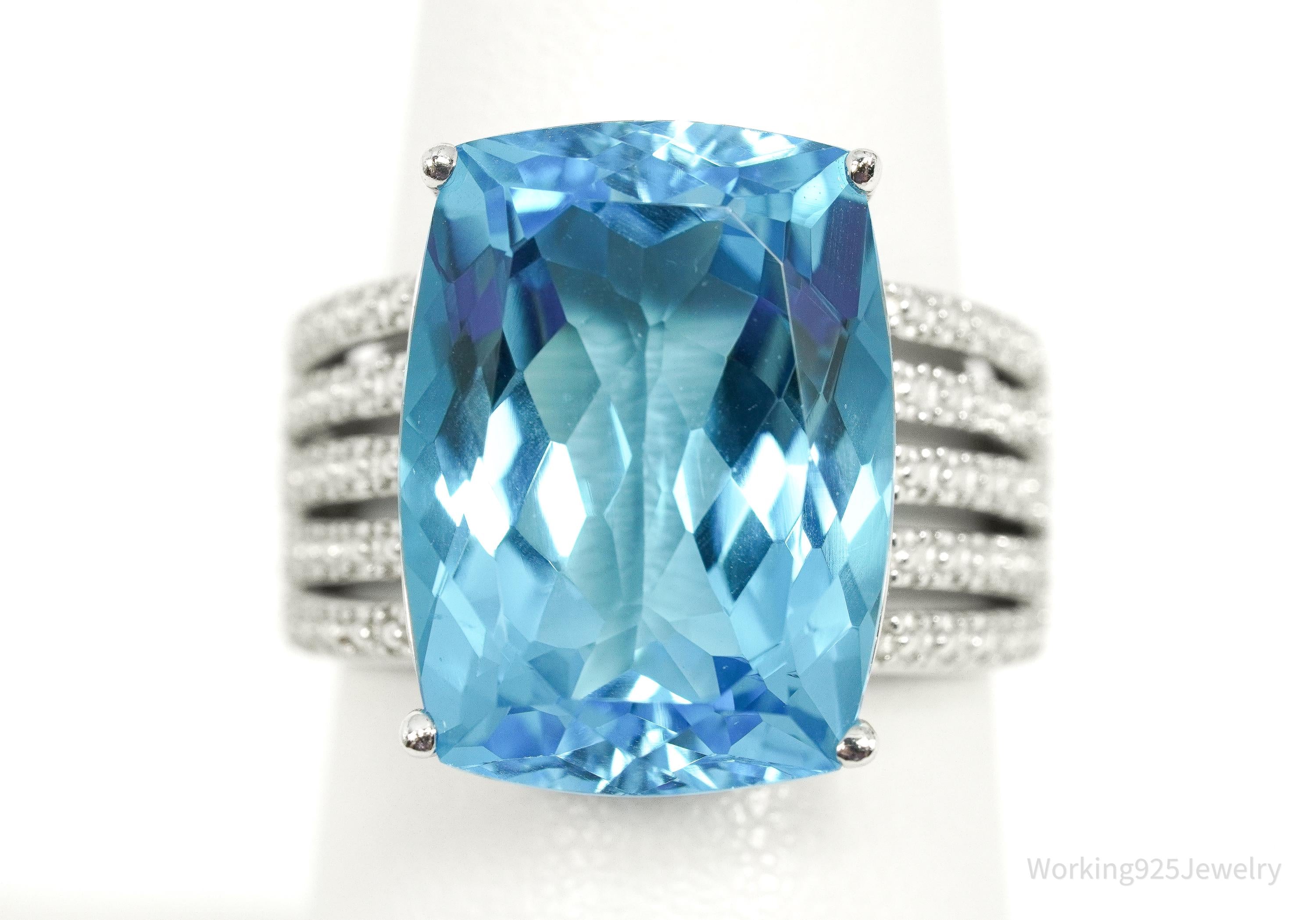 Vintage Large Blue Topaz Sterling Silver Ring - Size 7