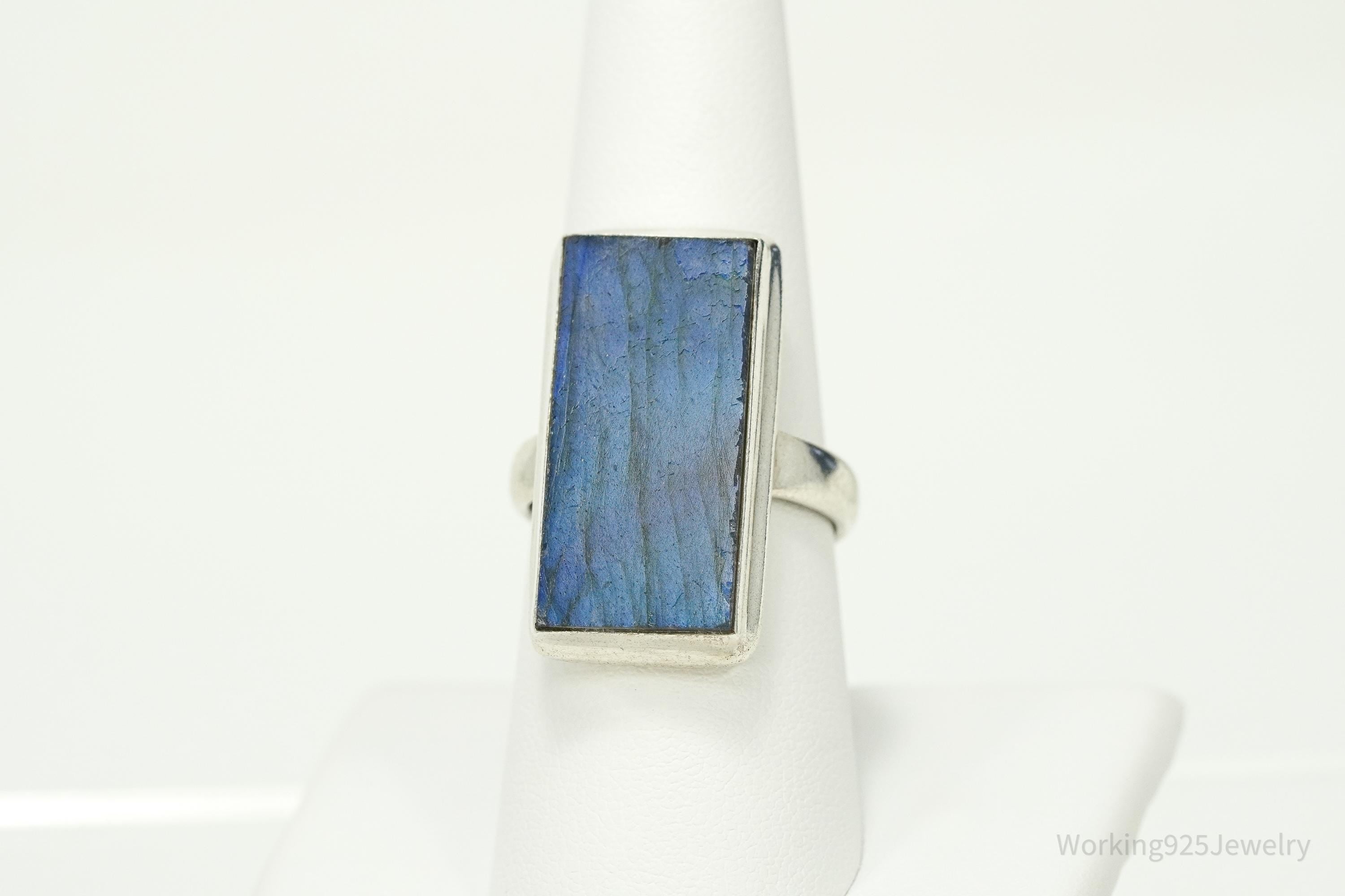 Vintage Large Rectangle Labradorite Sterling Silver Ring - Size 8.5