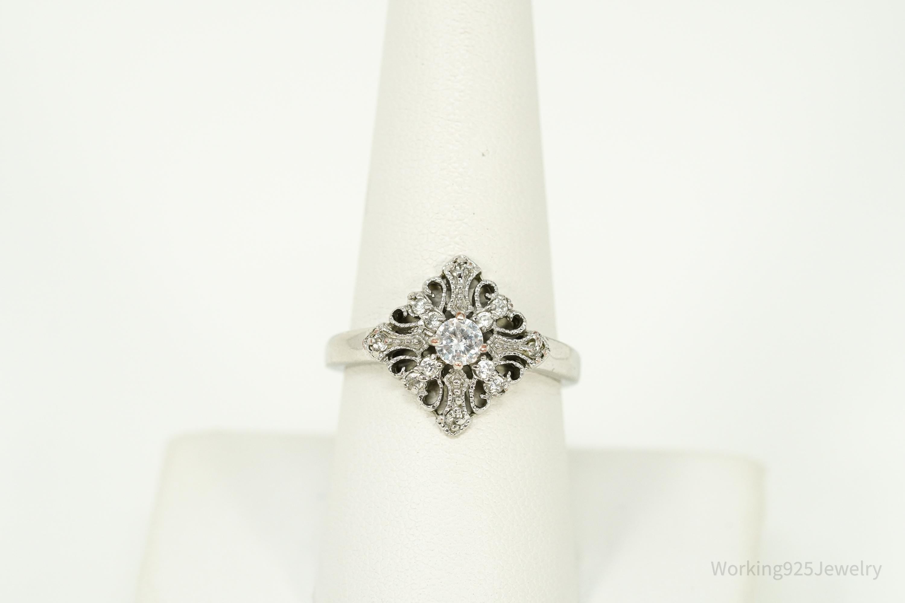 Vintage Faux Diamond Sterling Silver Plated Ring - Size 8.25