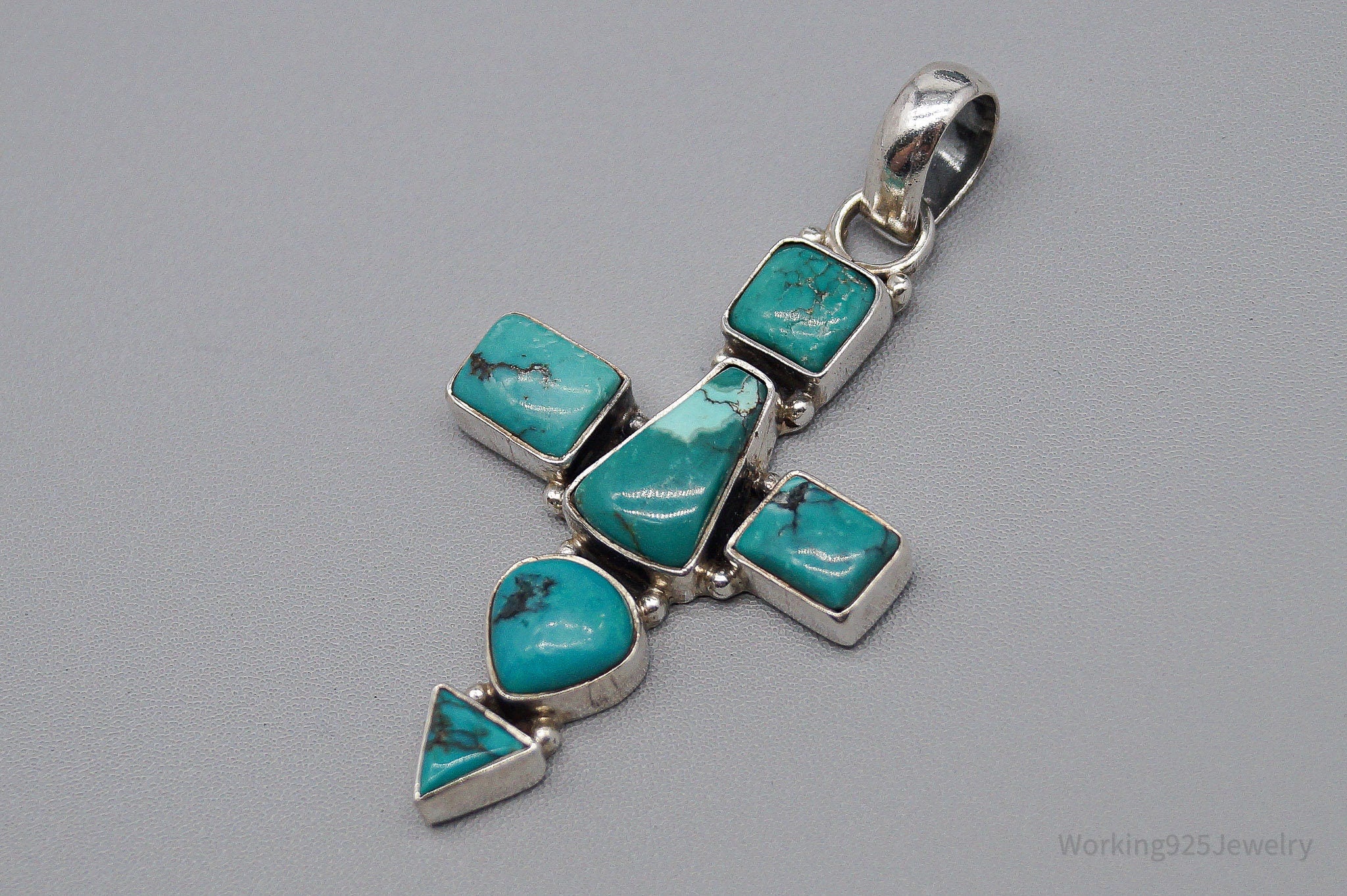 Large Vintage Native Turquoise Sterling Silver Cross Pendant