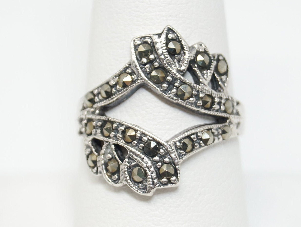 Vtg Art Deco Style Marcasite Ring Sterling Silver - Sz 8.75