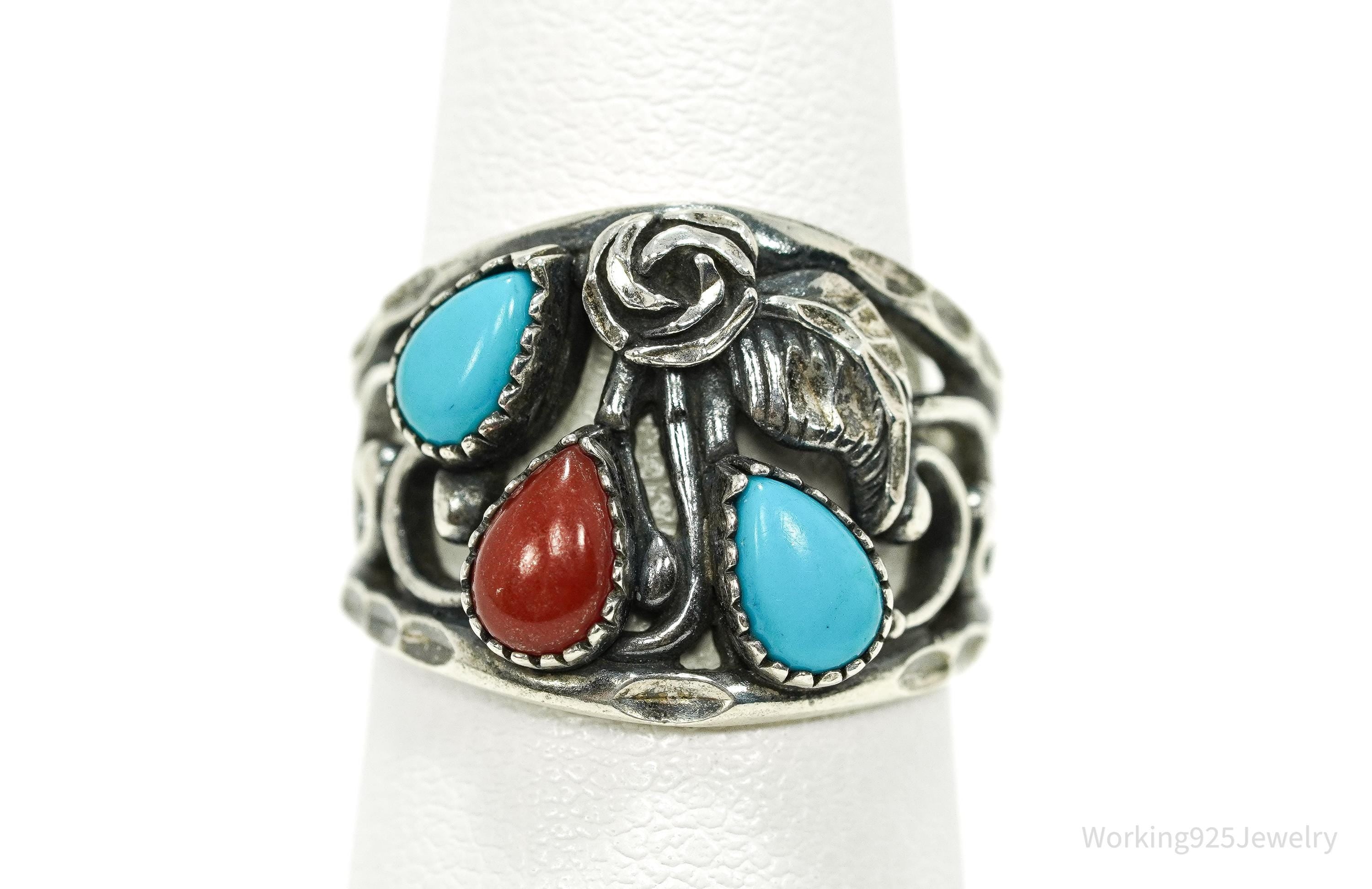 Vintage WMCO Turquoise & Coral Sterling Silver Ring SZ 5.75