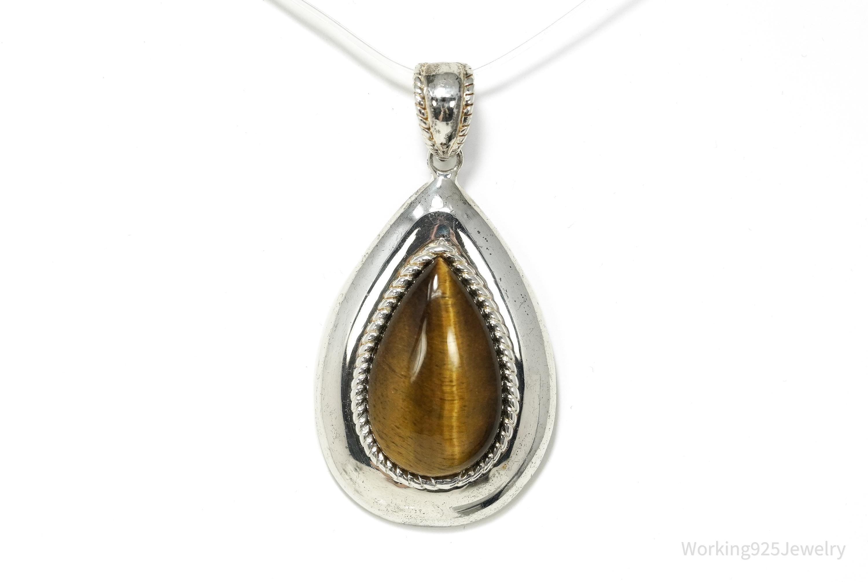 Vintage Large Teardrop Tigers Eye Sterling Silver Necklace Pendant 2"