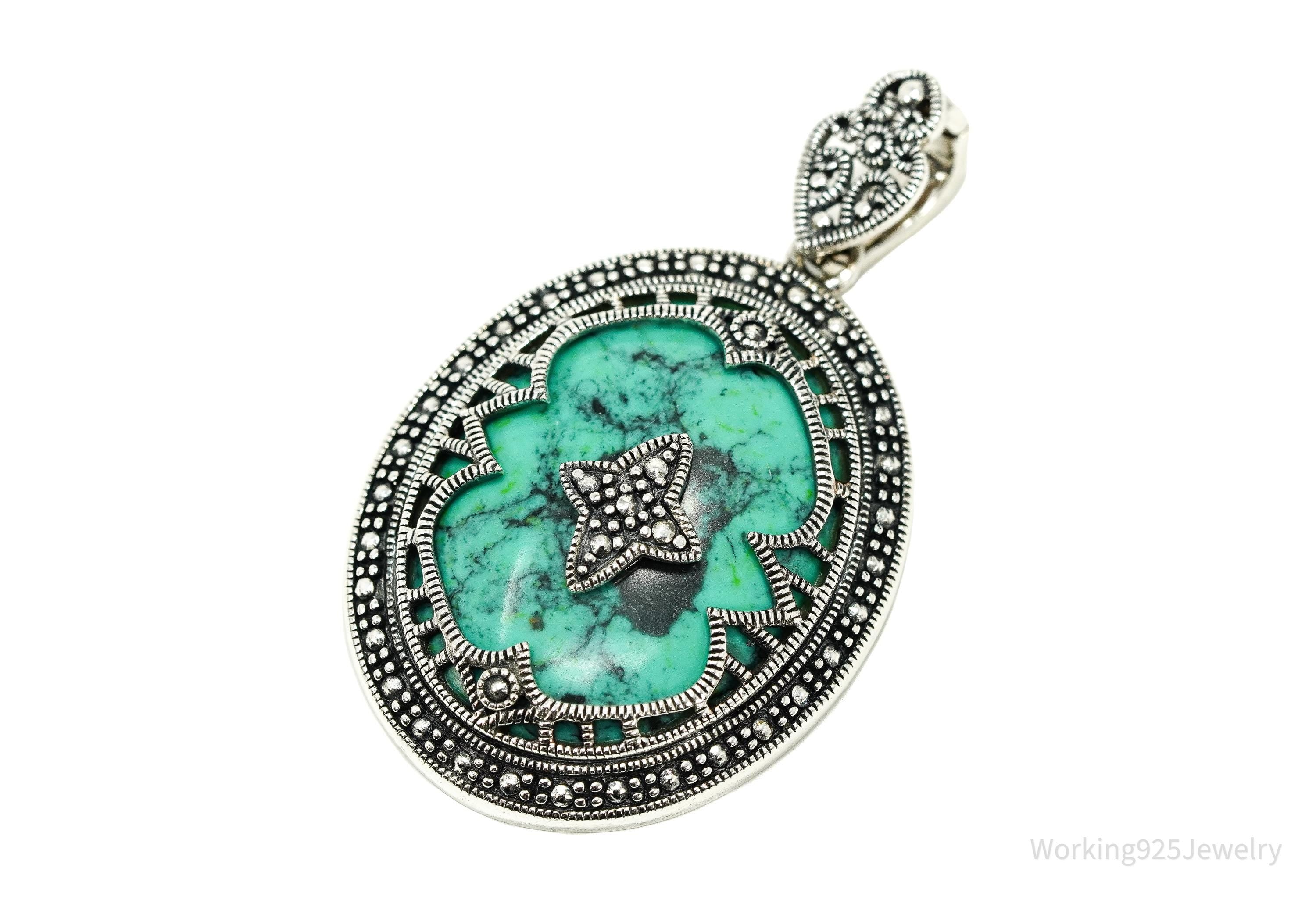 Vintage CFJ Large Turquoise & Marcasite Sterling Silver Pendant