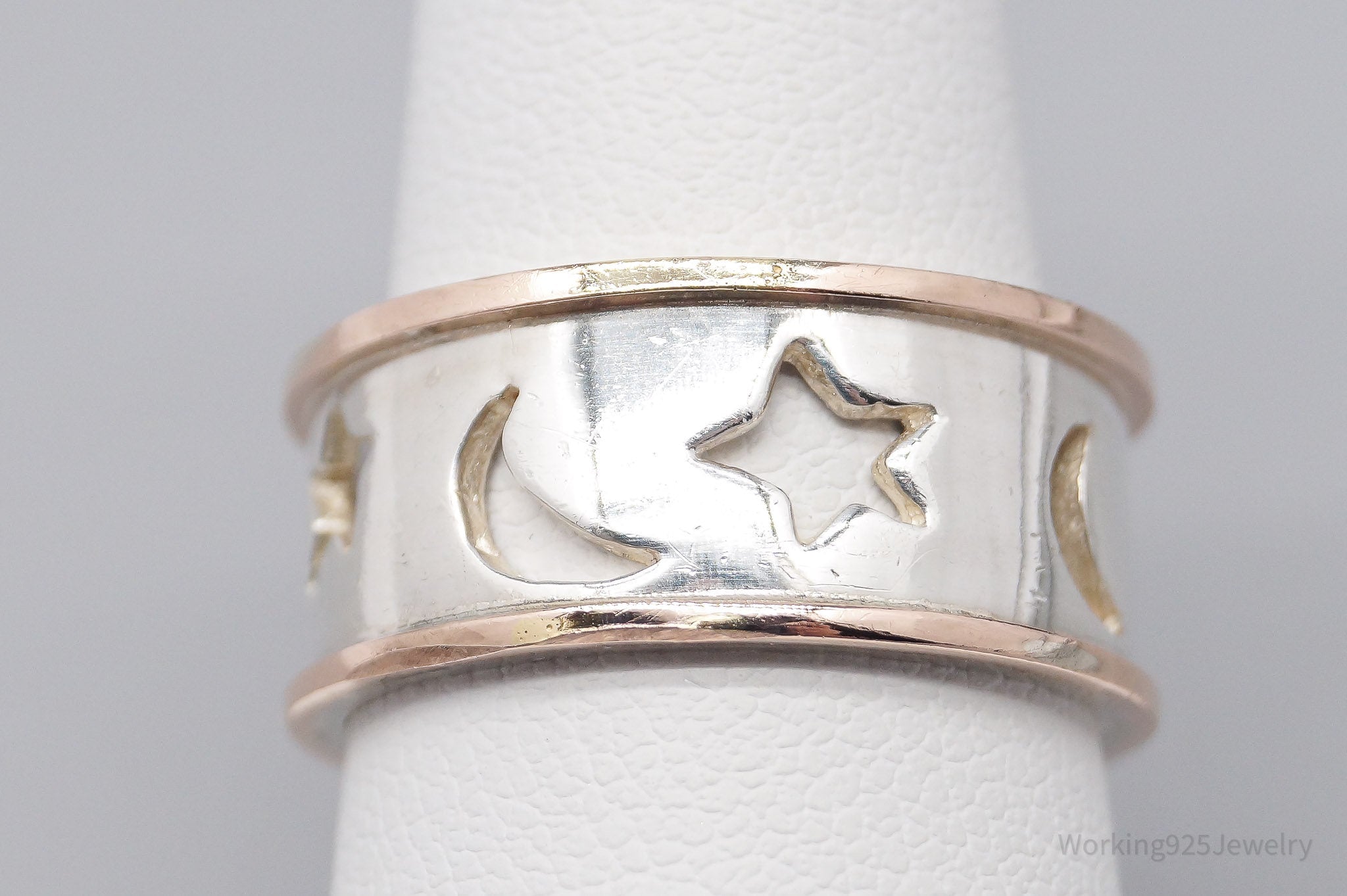 Vintage Moons & Stars Rose Gold Sterling Silver Ring - Size 7.5