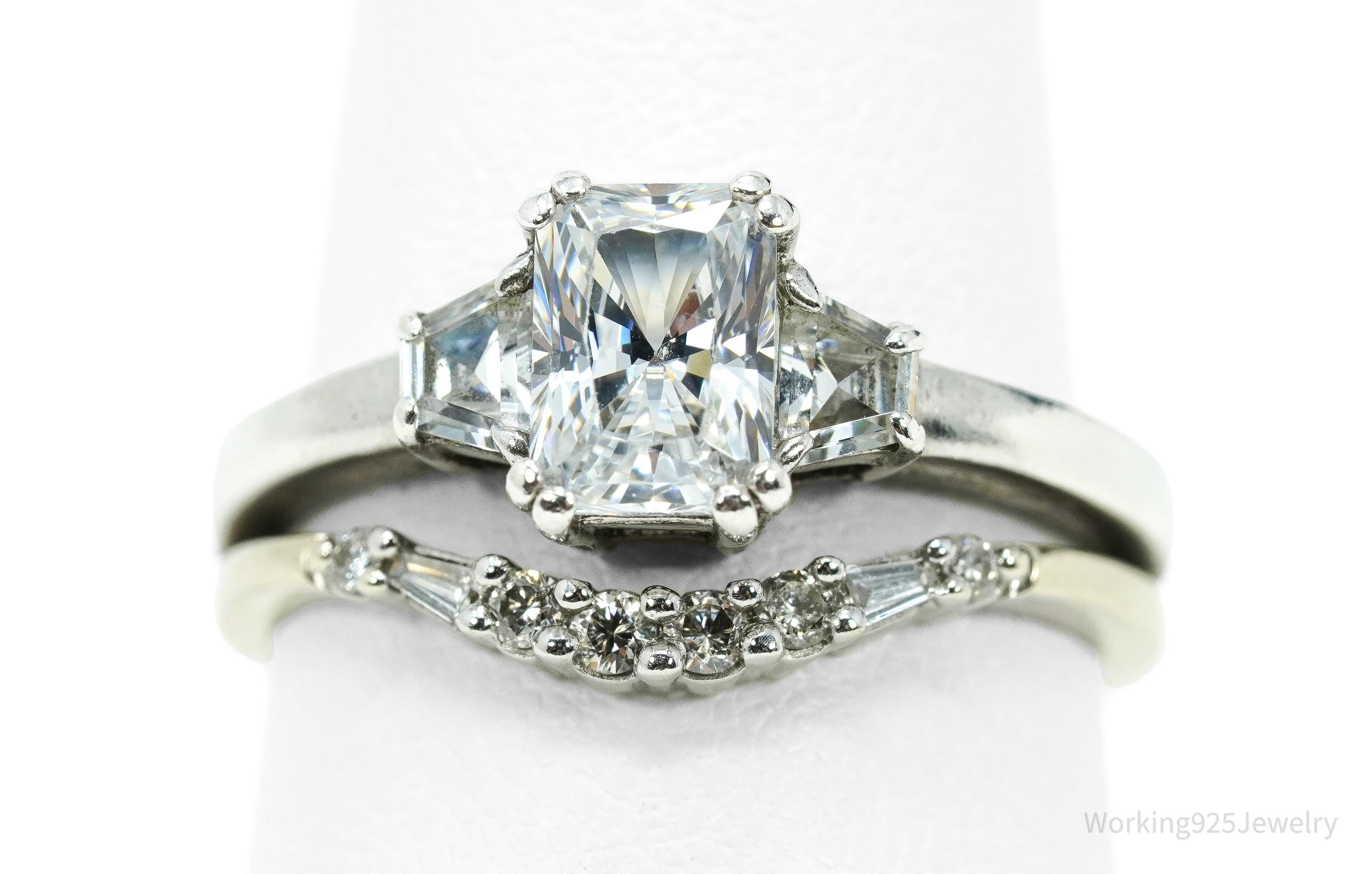 Vintage Cubic Zirconia With Bottom Row Diamond Sterling Silver Ring - Size 6.75