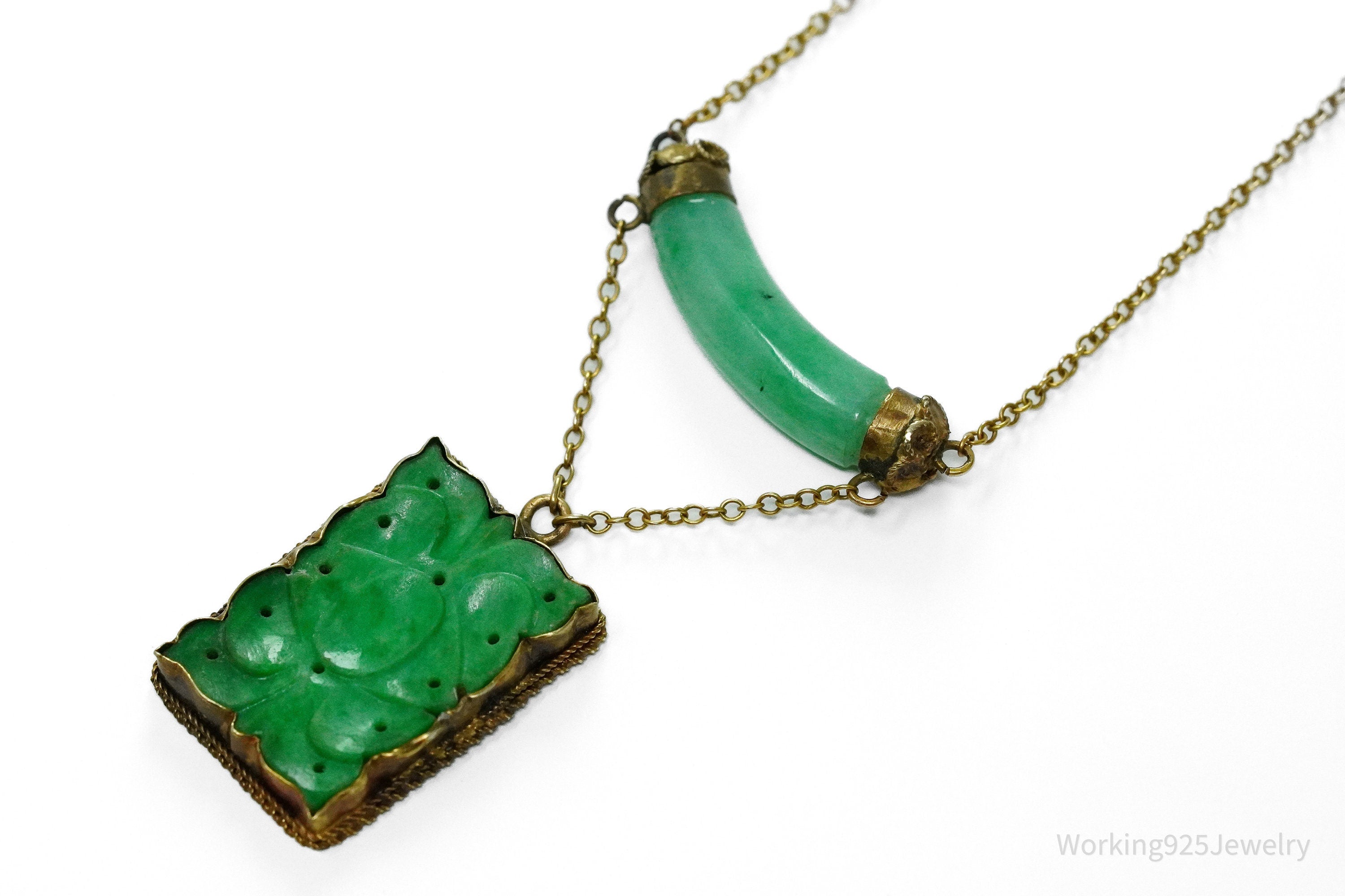 14K Yellow Gold & Carved Jadeite Jade Tablet Necklace 15"