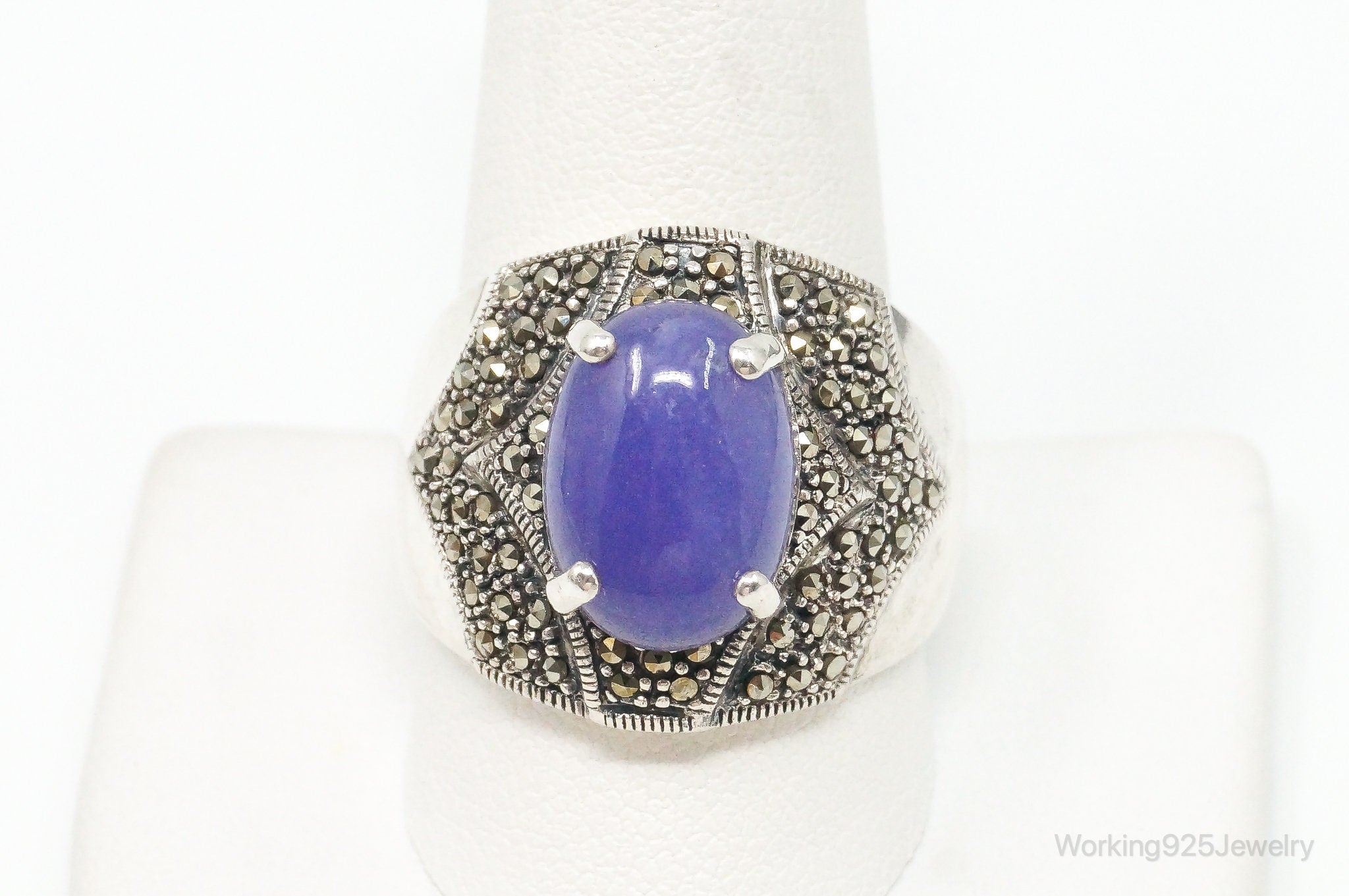 Vintage Purple Jade Marcasite Sterling Silver Ring Size 11