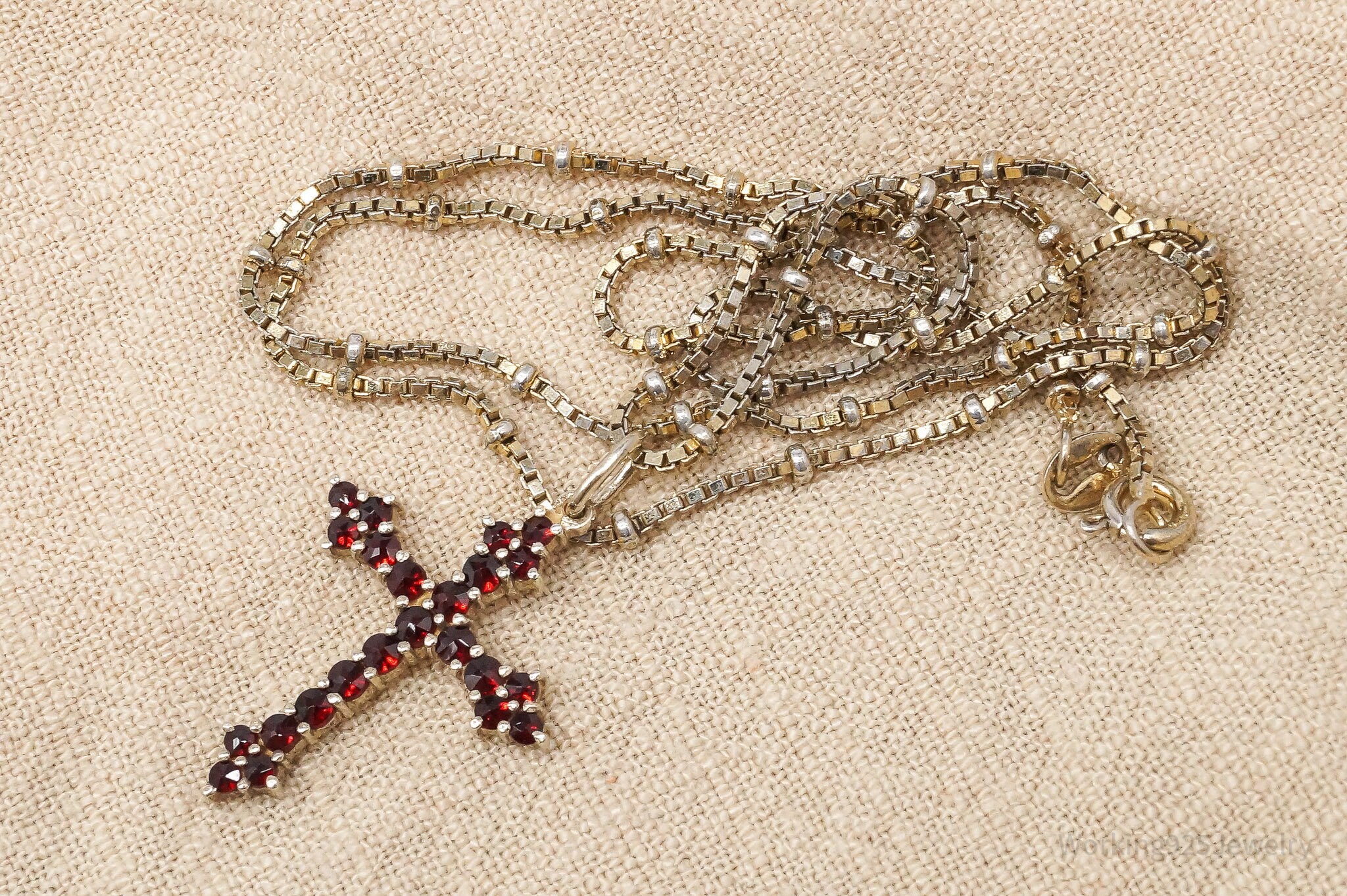 Antique Bohemian Garnet Gold Silver Cross Pendant Sterling Silver Necklace 18"