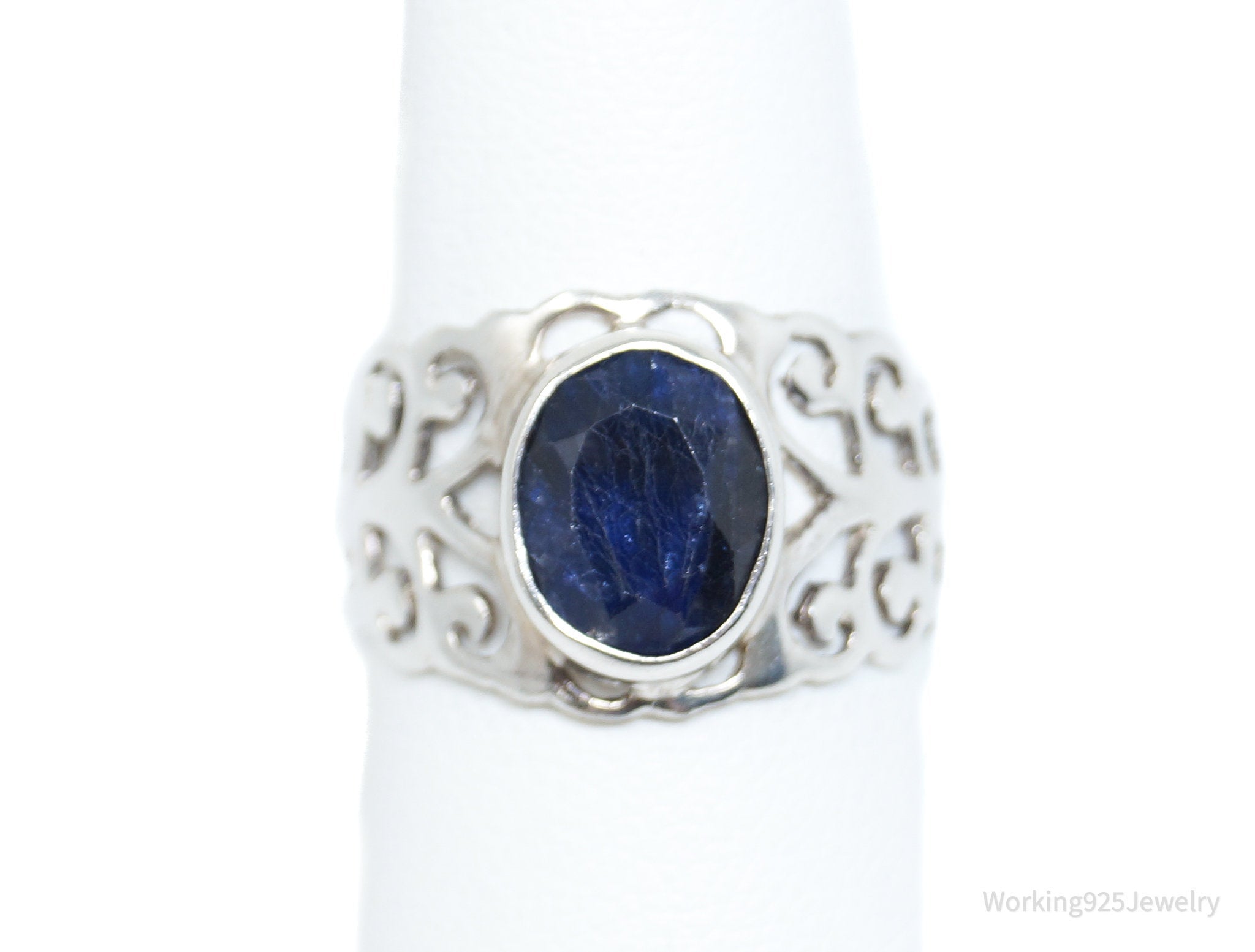 Vintage Western Style Natural Blue Sapphirel Sterling Silver Ring - Size 7.25