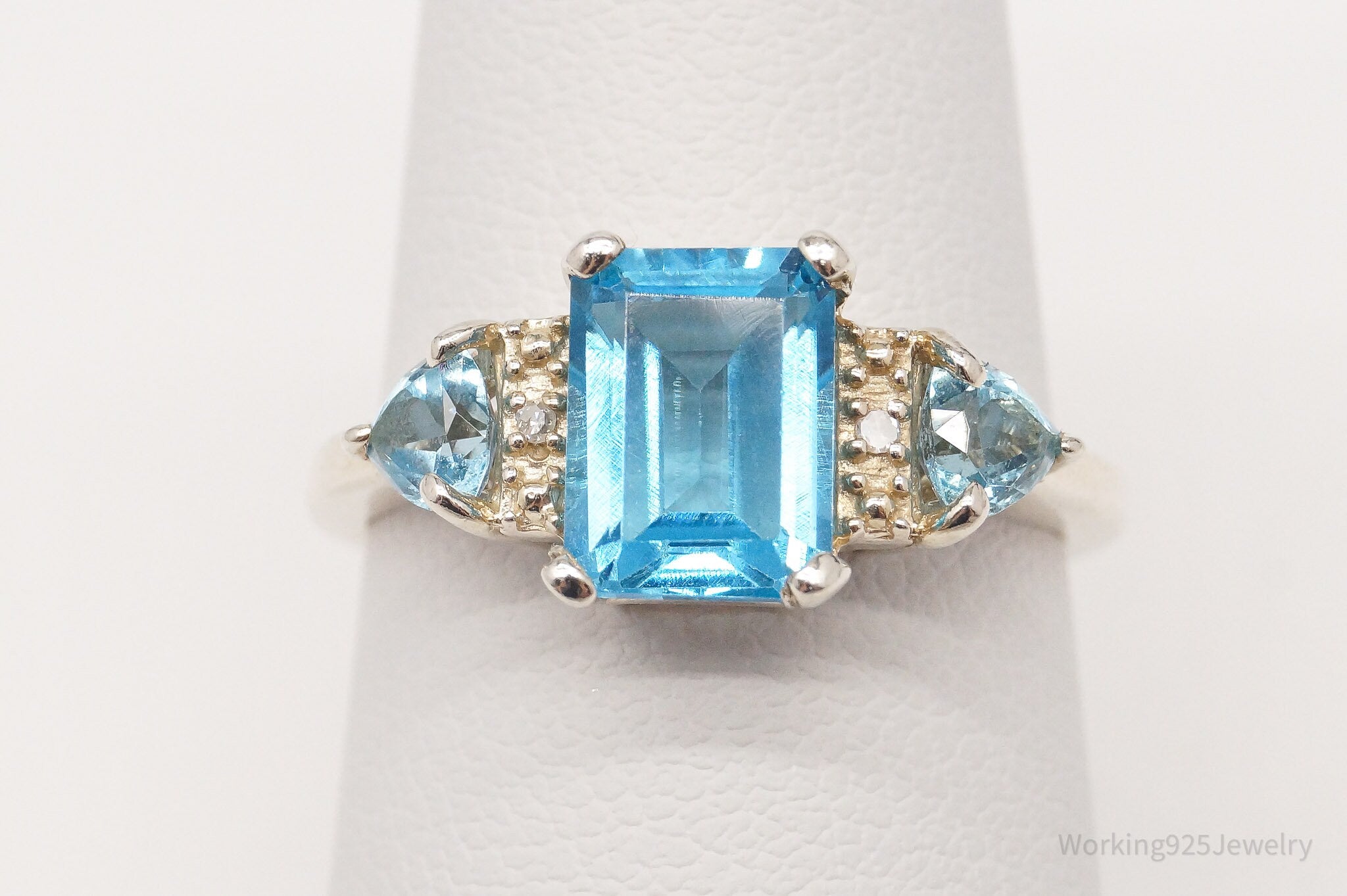 Vintage Blue Topaz Two Diamond Sterling Silver Ring - Size 6.75