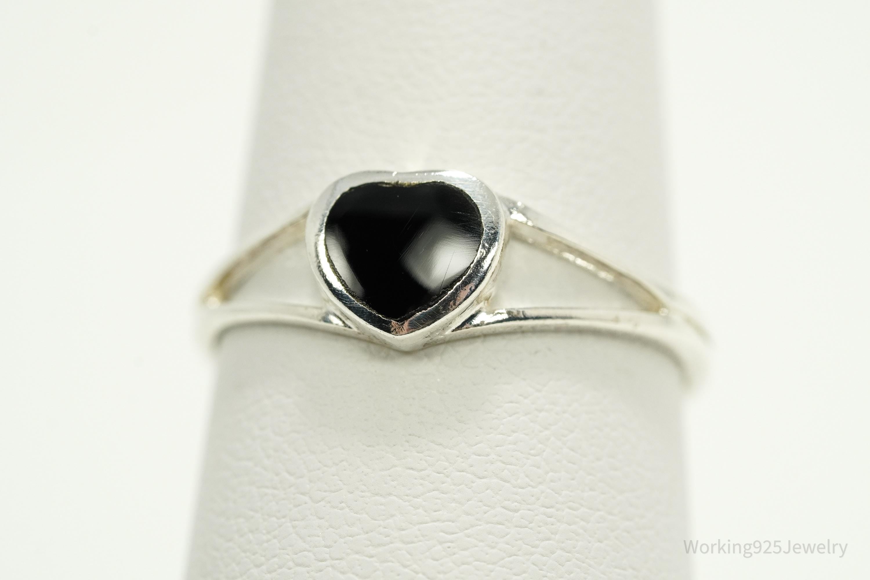 Vintage Black Onyx Inlay Heart Sterling Silver Ring - Size 8