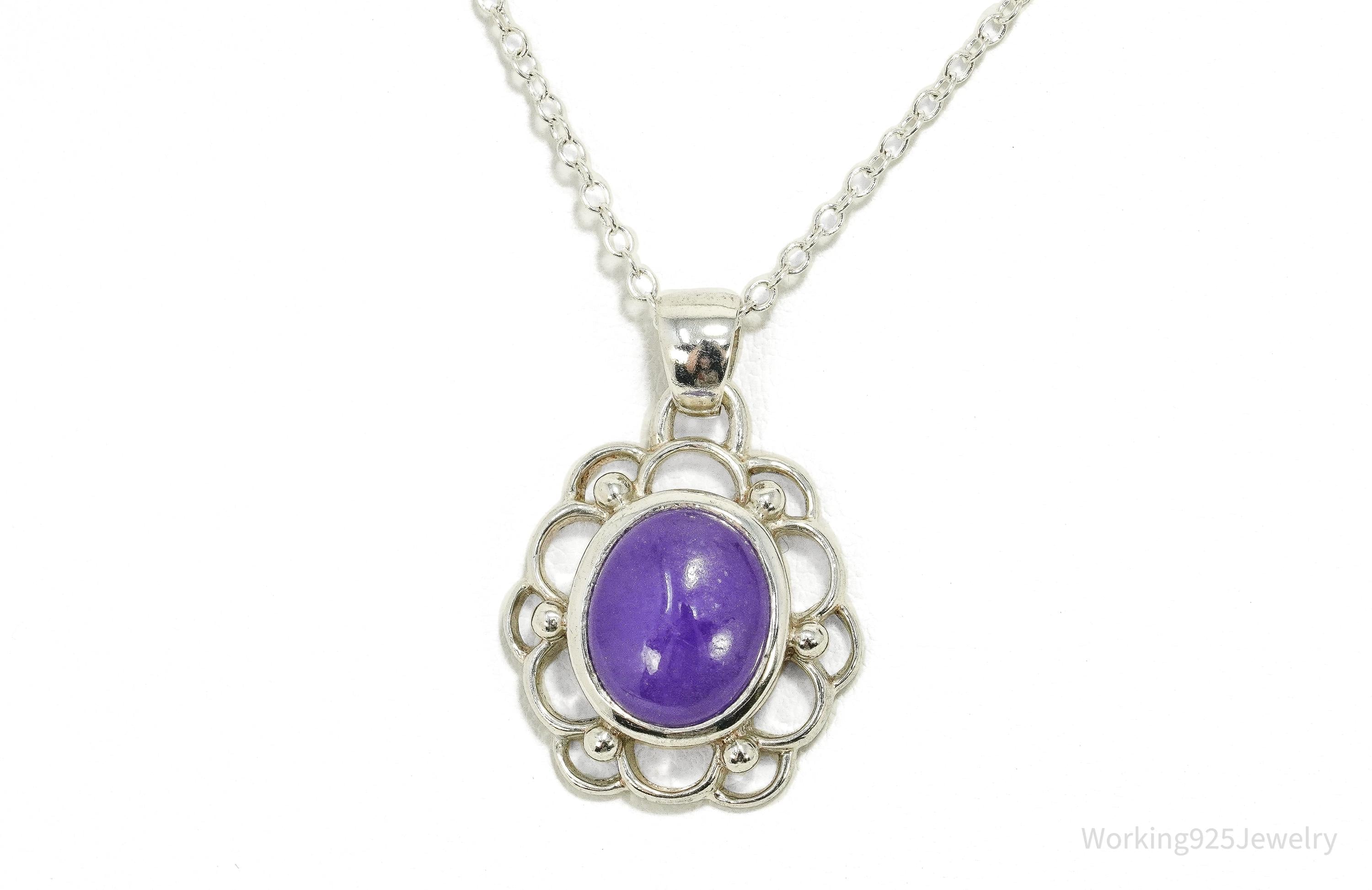 Vintage Purple Jade Sterling Silver Necklace 24"