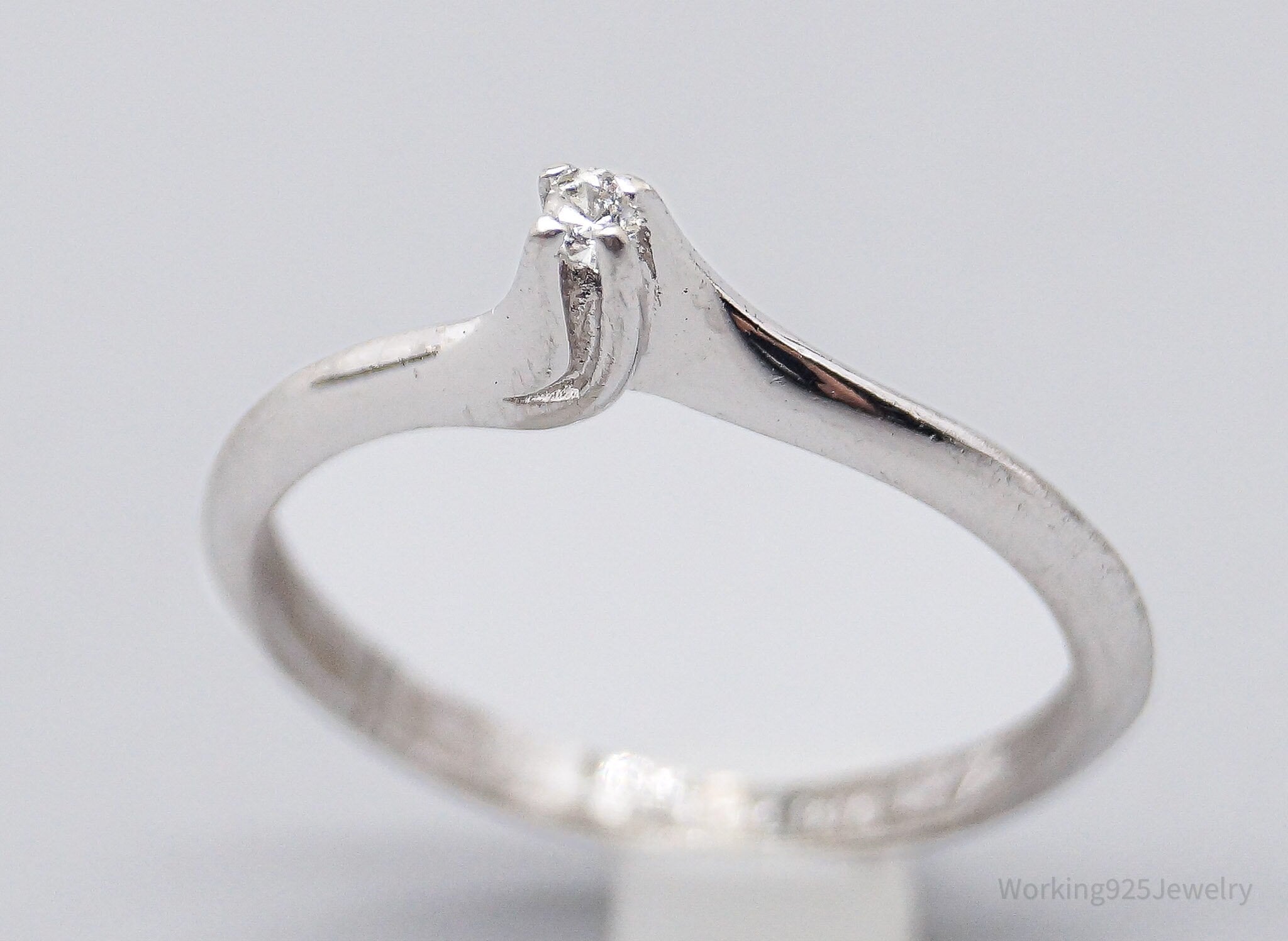 Vintage Mid Century White Topaz Rhodium Plated Sterling Silver Ring - Size 5.75