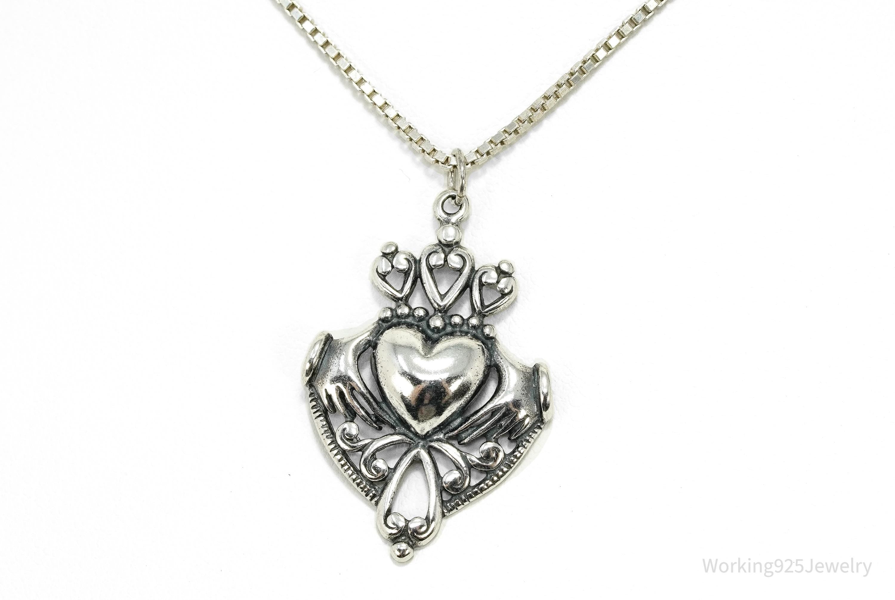 Vintage Claddagh Irish Heart Sterling Silver Necklace 18"