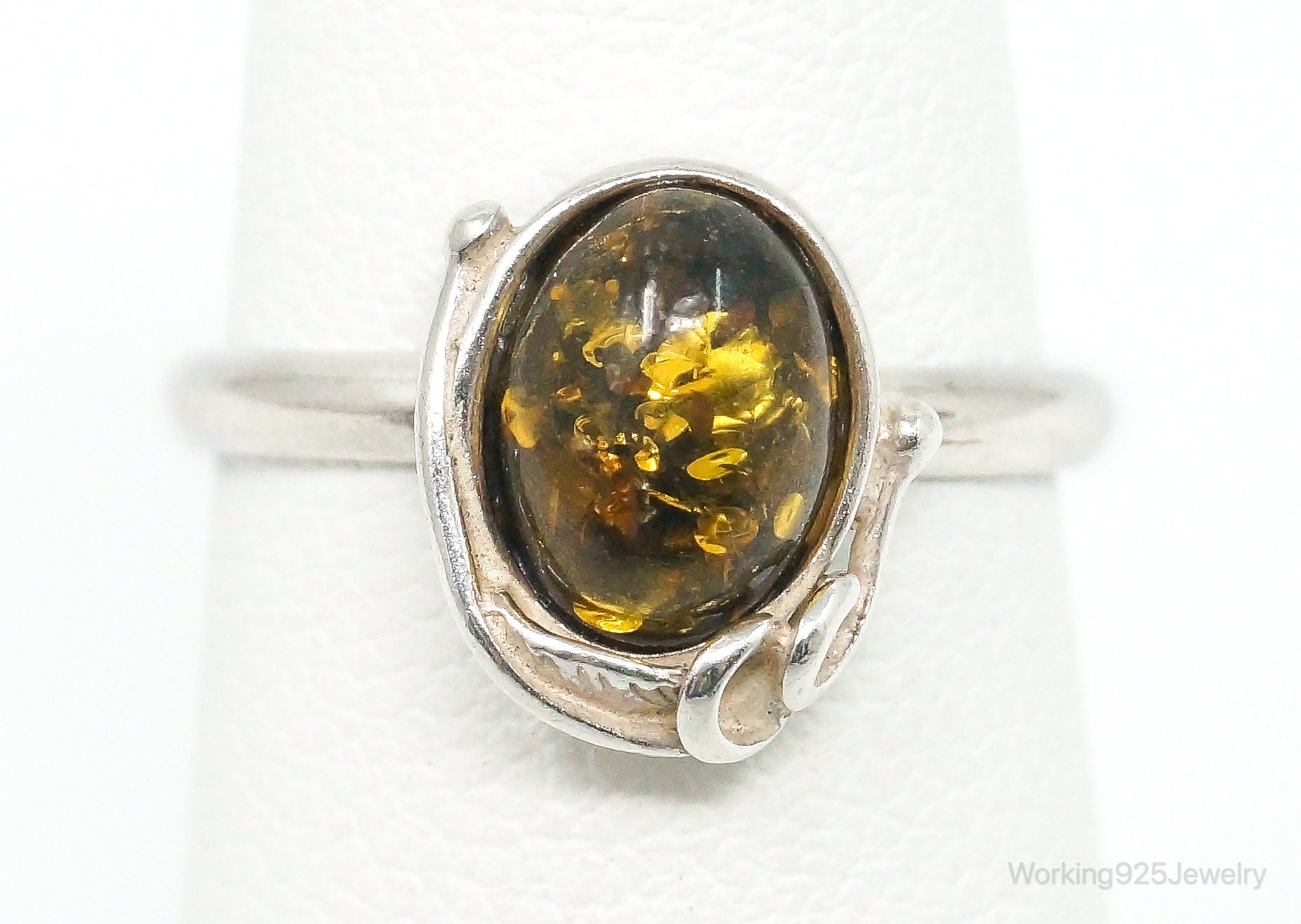 Vintage Yellow Amber Modern Sterling Silver Ring - Size 4.75