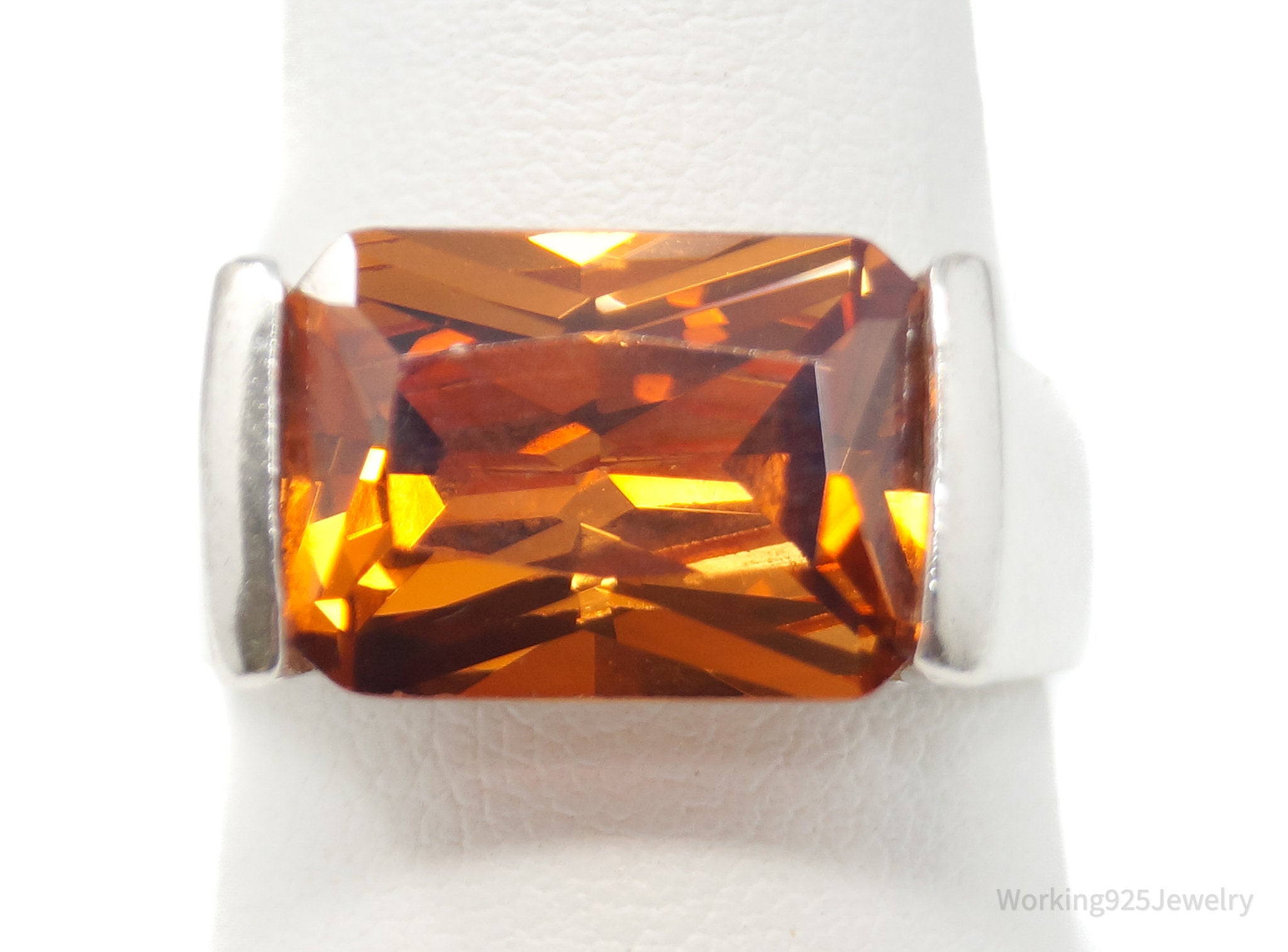 Vintage Large Orange Topaz Sterling Silver Ring - Size 8