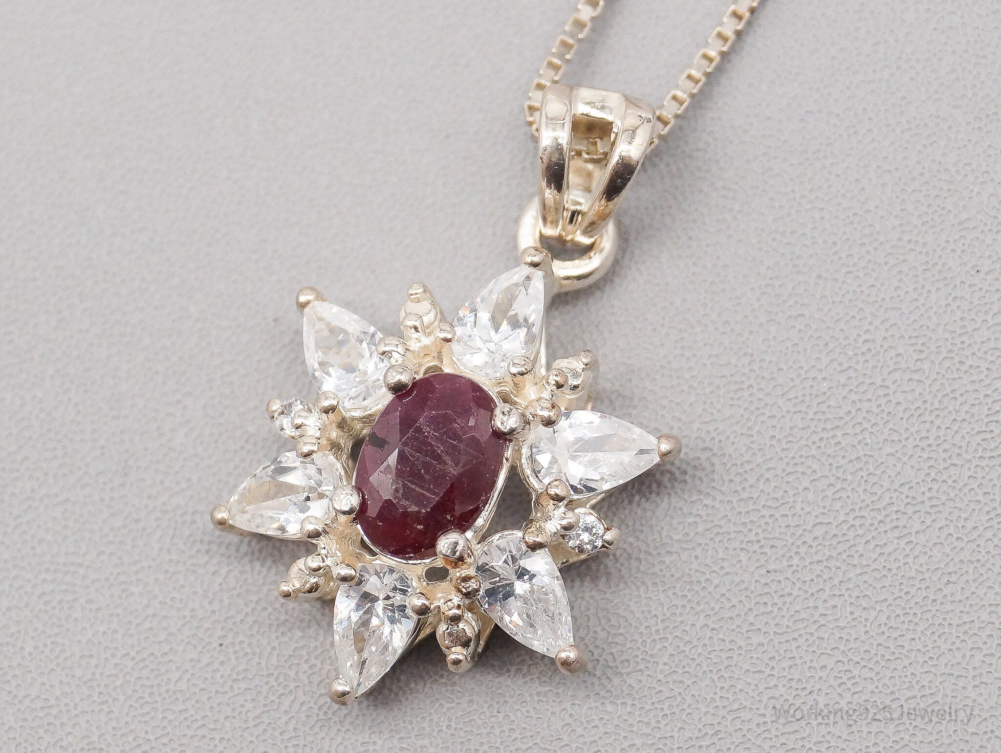 Vintage Raw Cut Ruby Cubic Zirconia Flower Sterling Silver Necklace 18"