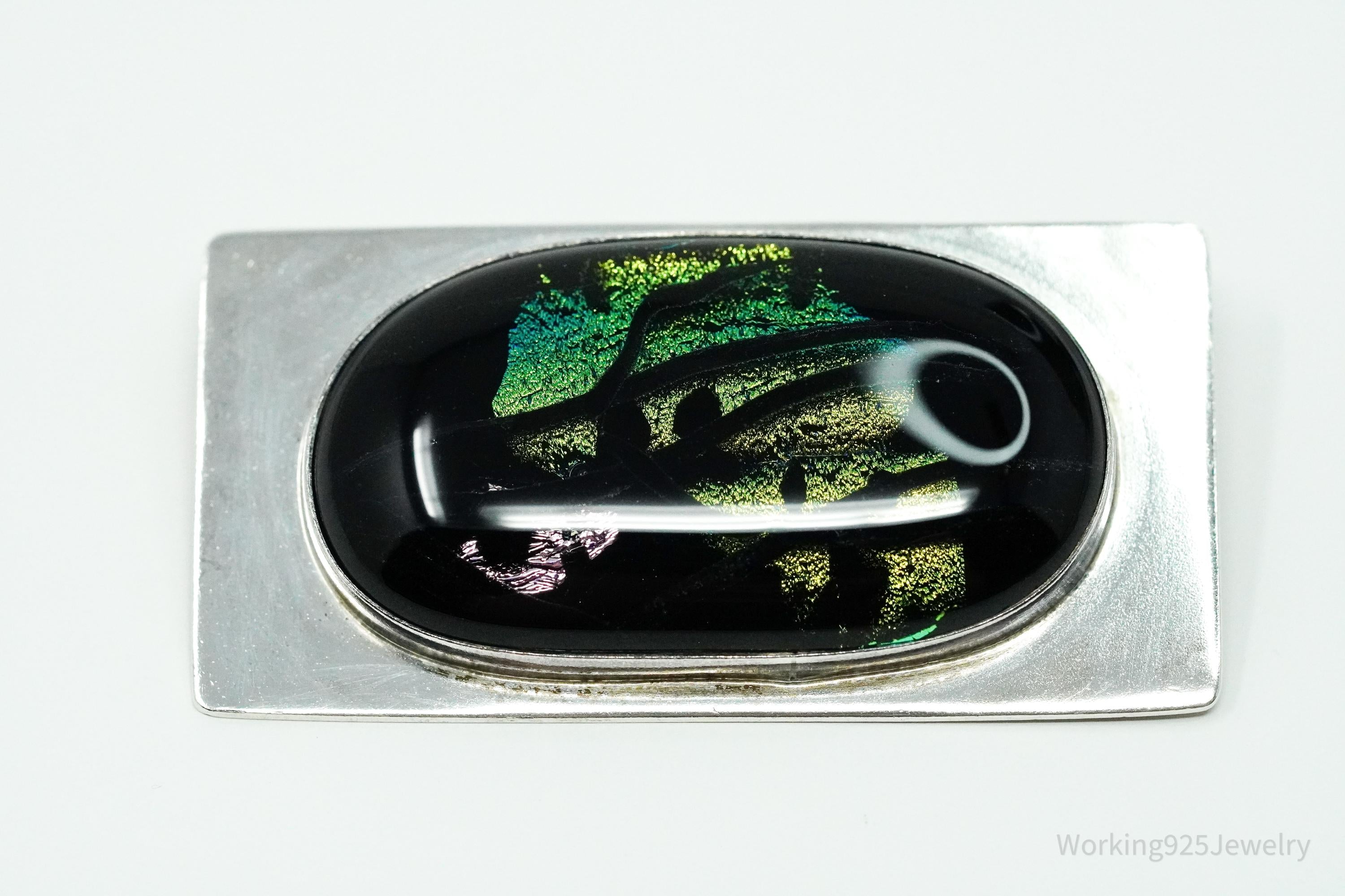 Vintage Large Dichroic Glass Sterling Silver Brooch Pin Pendant