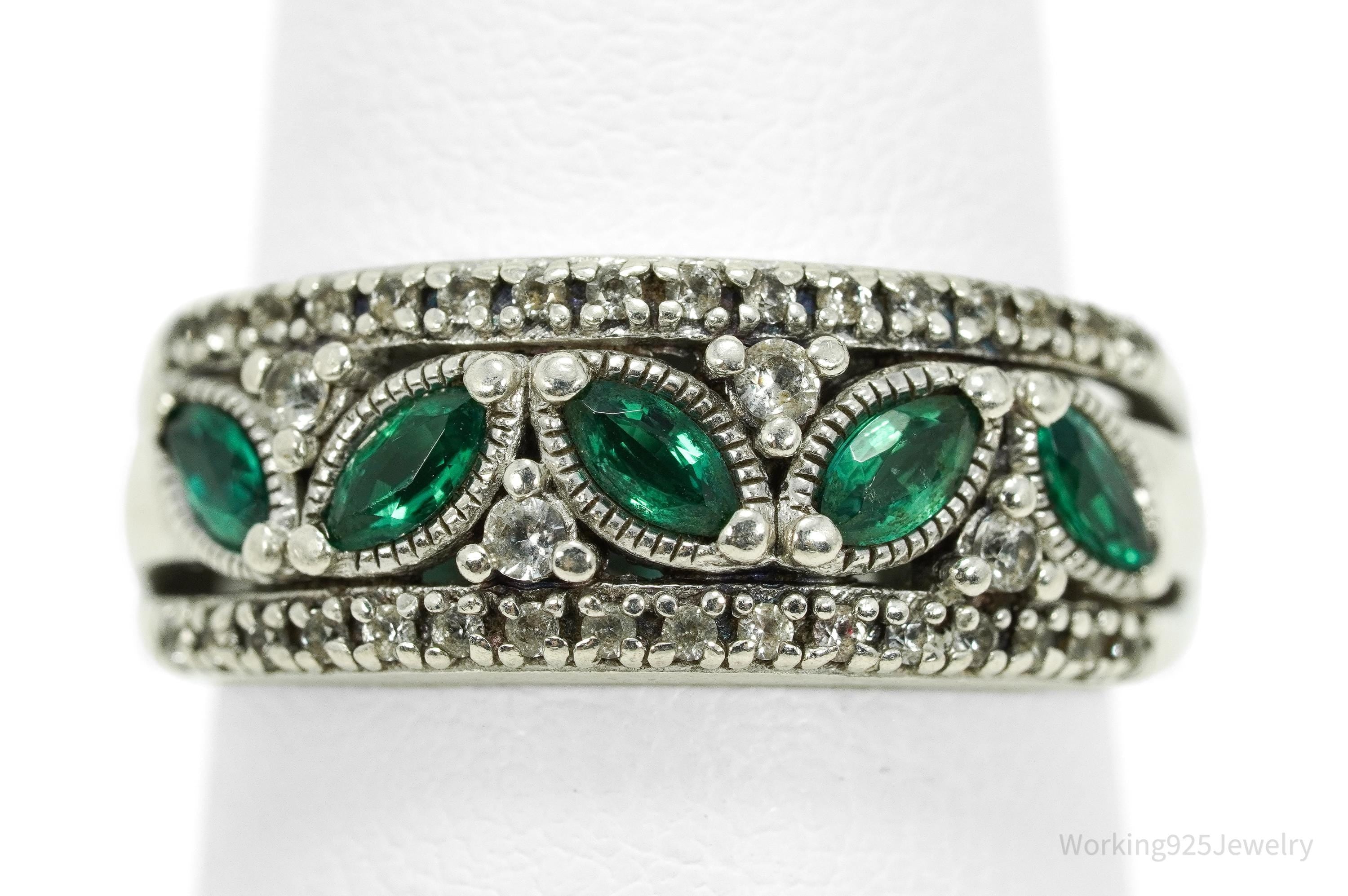 Vintage Emerald & White Sapphire Sterling Silver Ring - Size 6