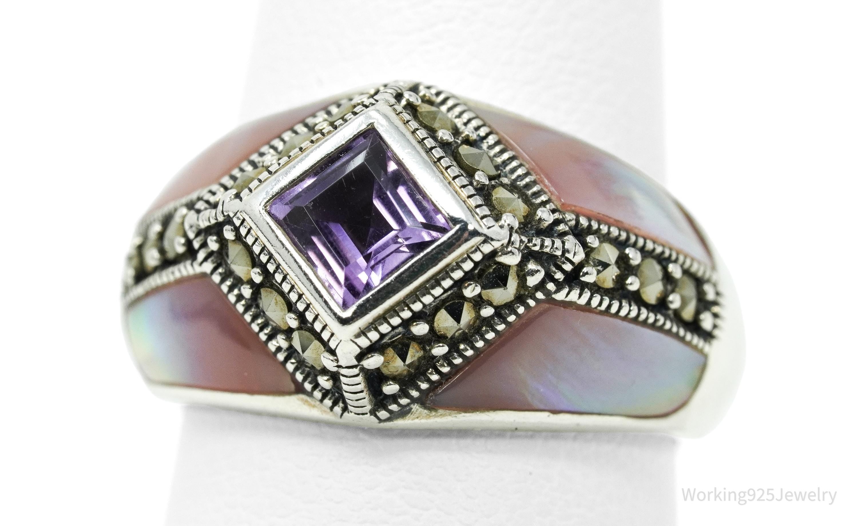 Vintage Amethyst, Marcasite, & Mother Of Pearl Inlay Sterling Silver Ring - Size 8