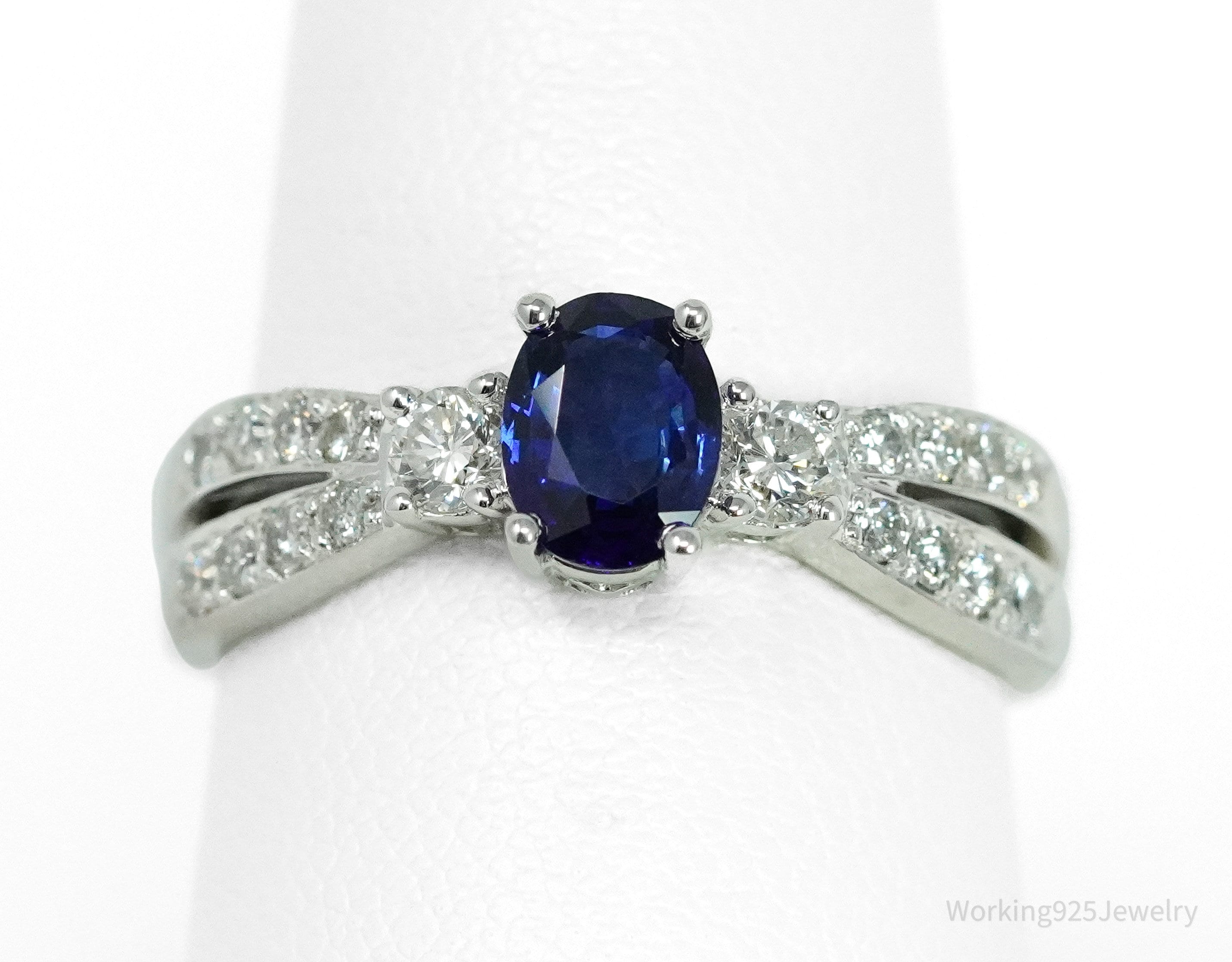 14K White Gold, Sapphire & Diamond Cocktail Ring - Size 8