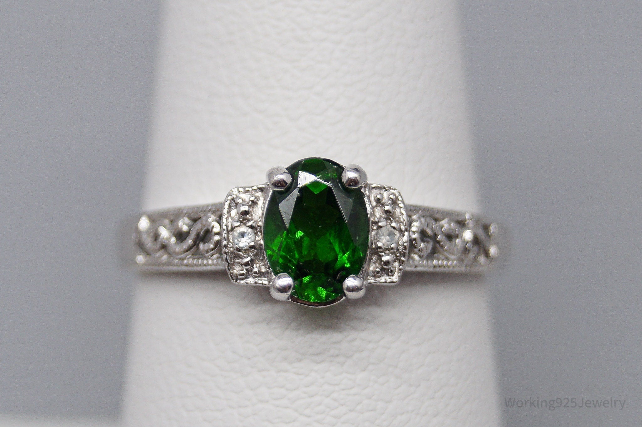 Vintage Green Chrome Diopside White Topaz Sterling Silver Ring - Size 7