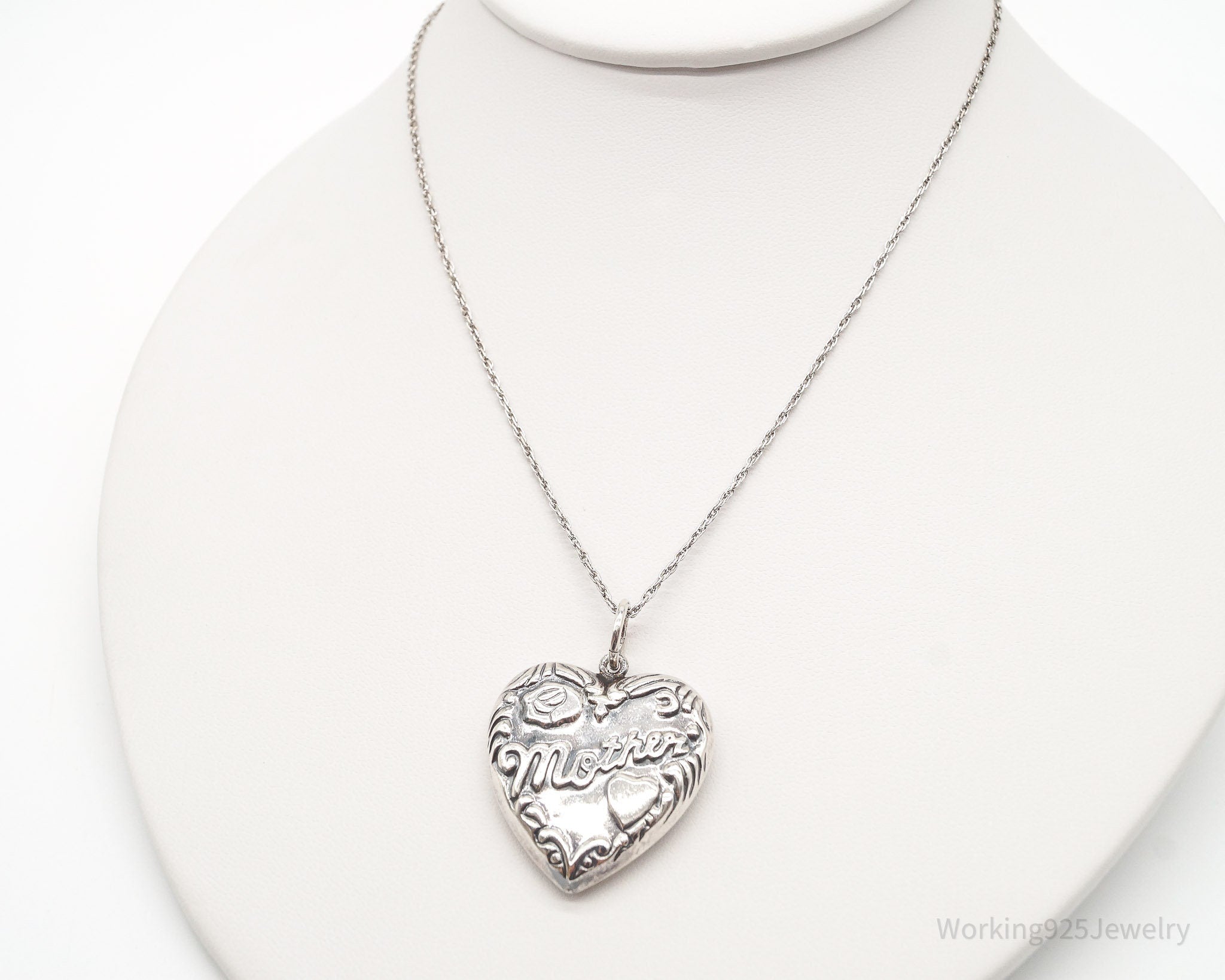 Vintage Large Puffy Heart Mother Charm Sterling Silver Necklace