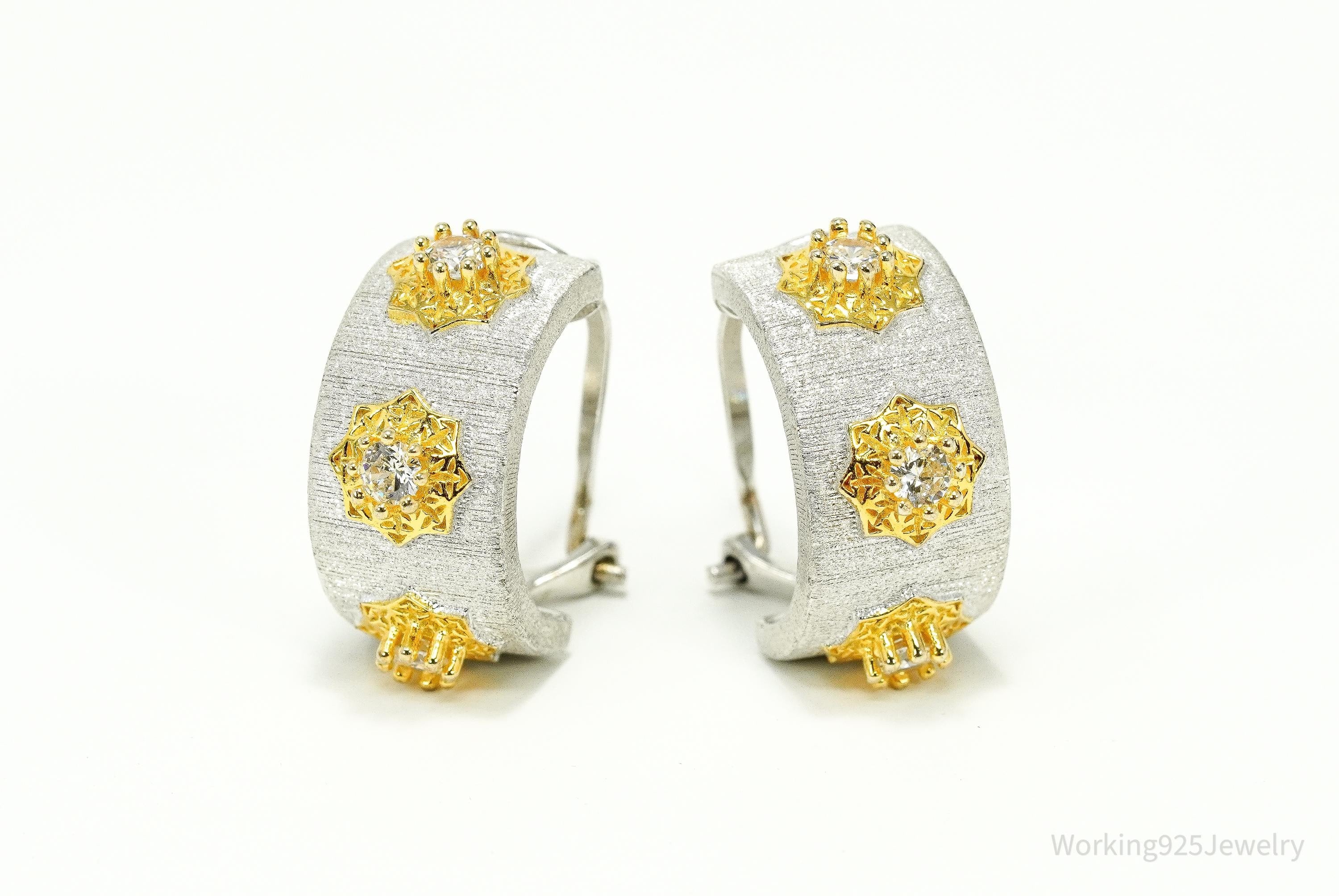 Vintage Cubic Zirconia Gold Vermeil Sterling Silver Hoop Earrings