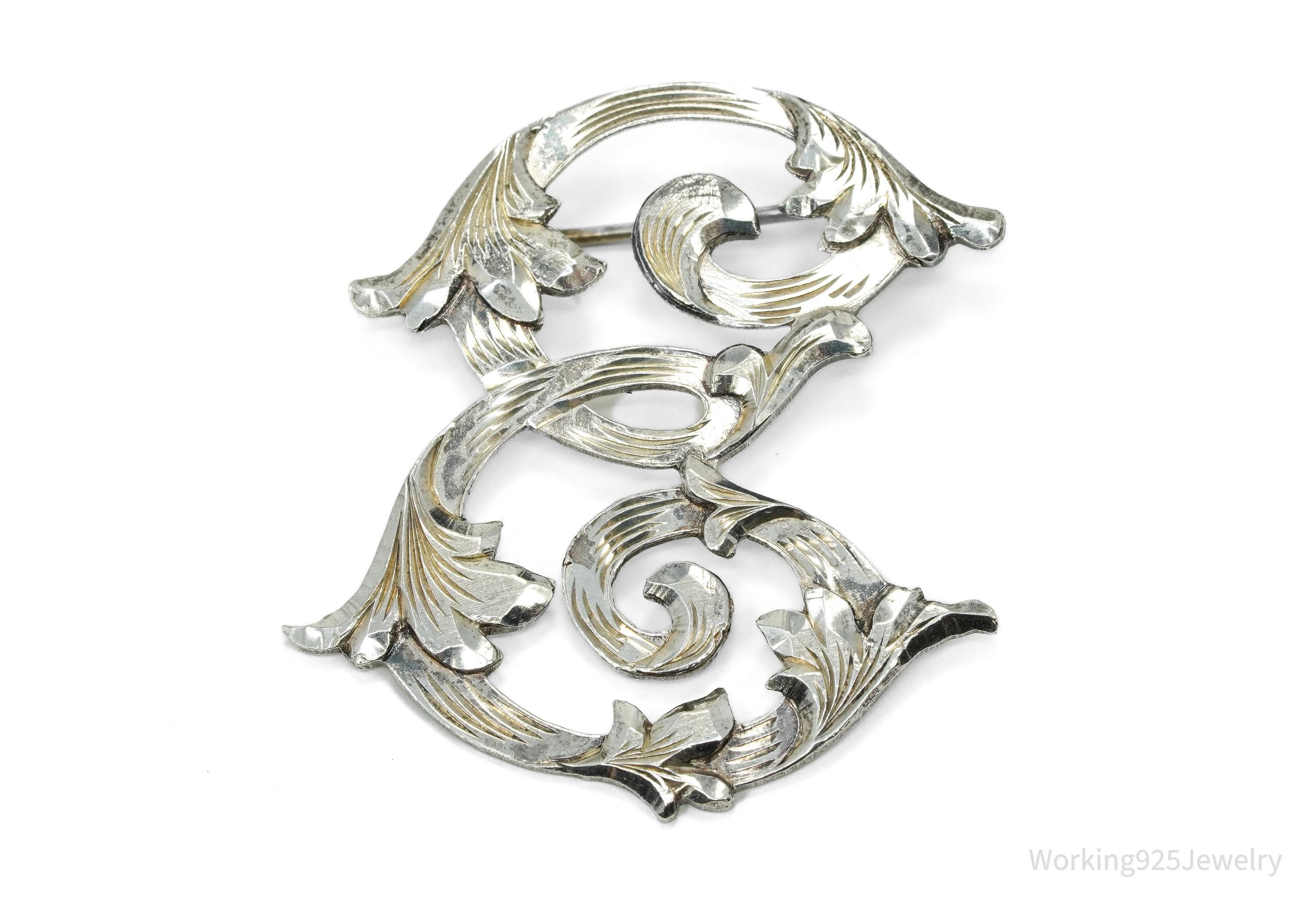 Large Vintage Mexico "E" Sterling Silver Brooch Pin