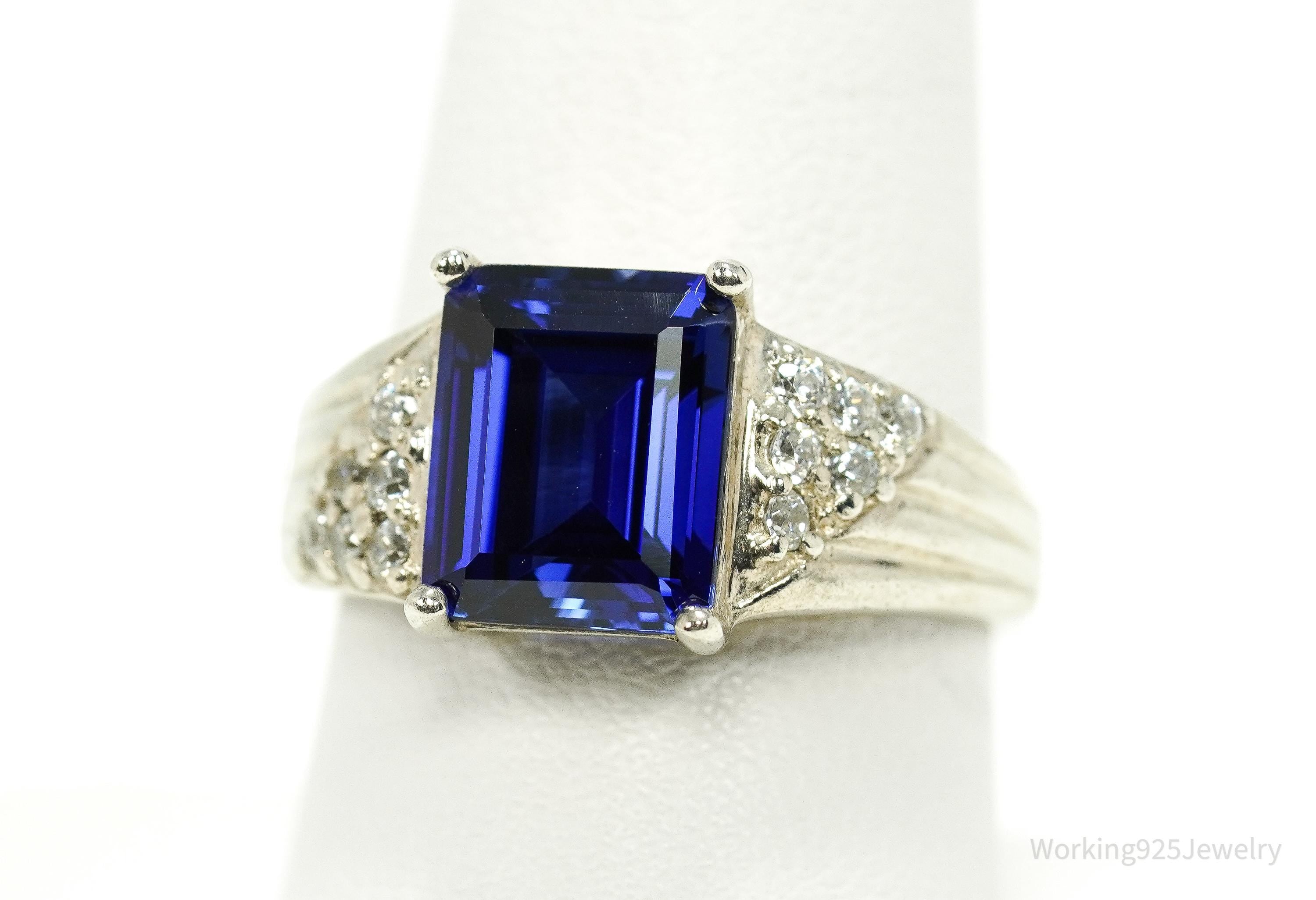 Vintage Lab Sapphire & Cubic Zirconia Sterling Silver Ring - Size 8.75