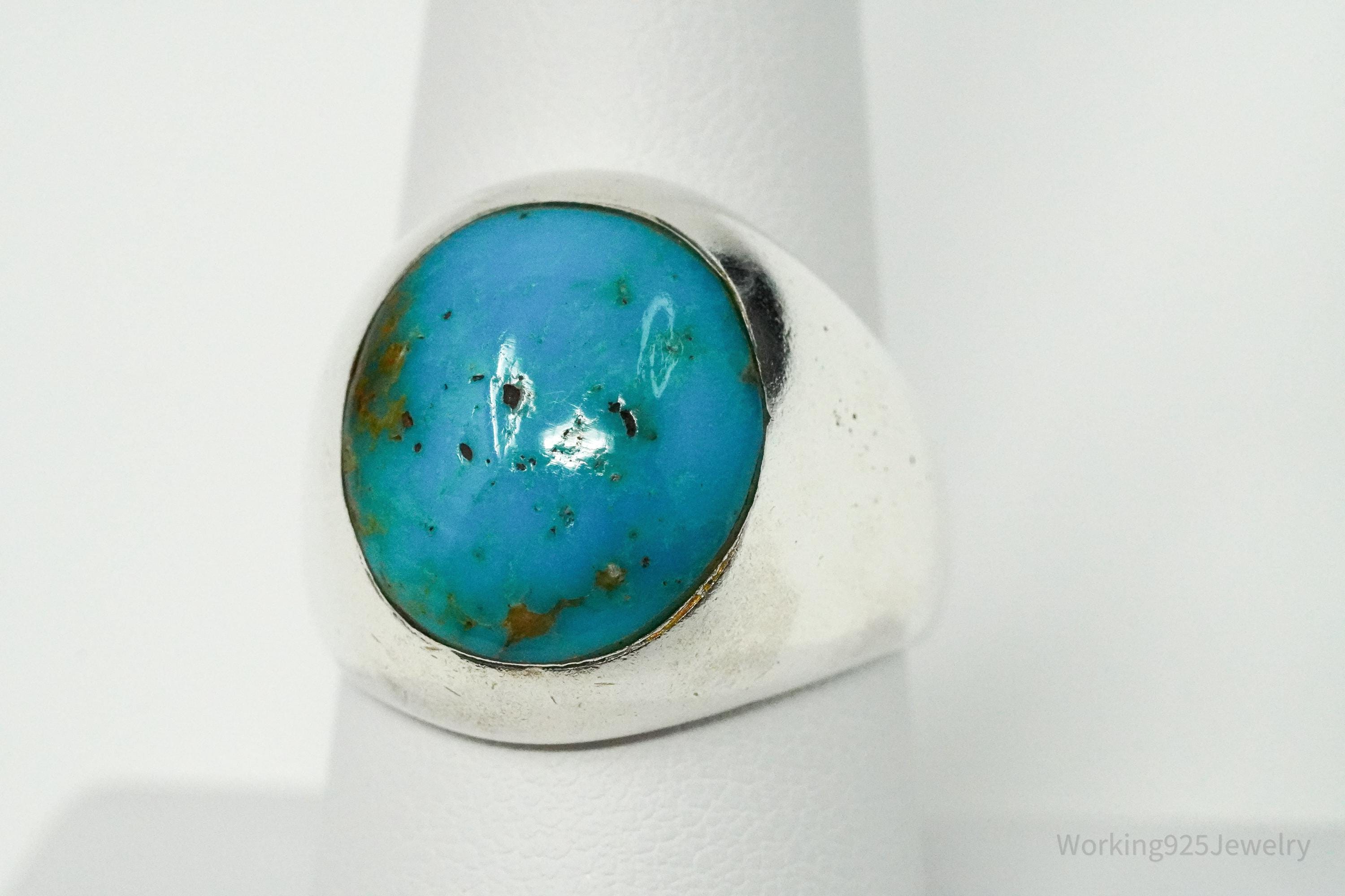 Vintage Blue Turquoise Inlay Silver Ring - Size 8.25