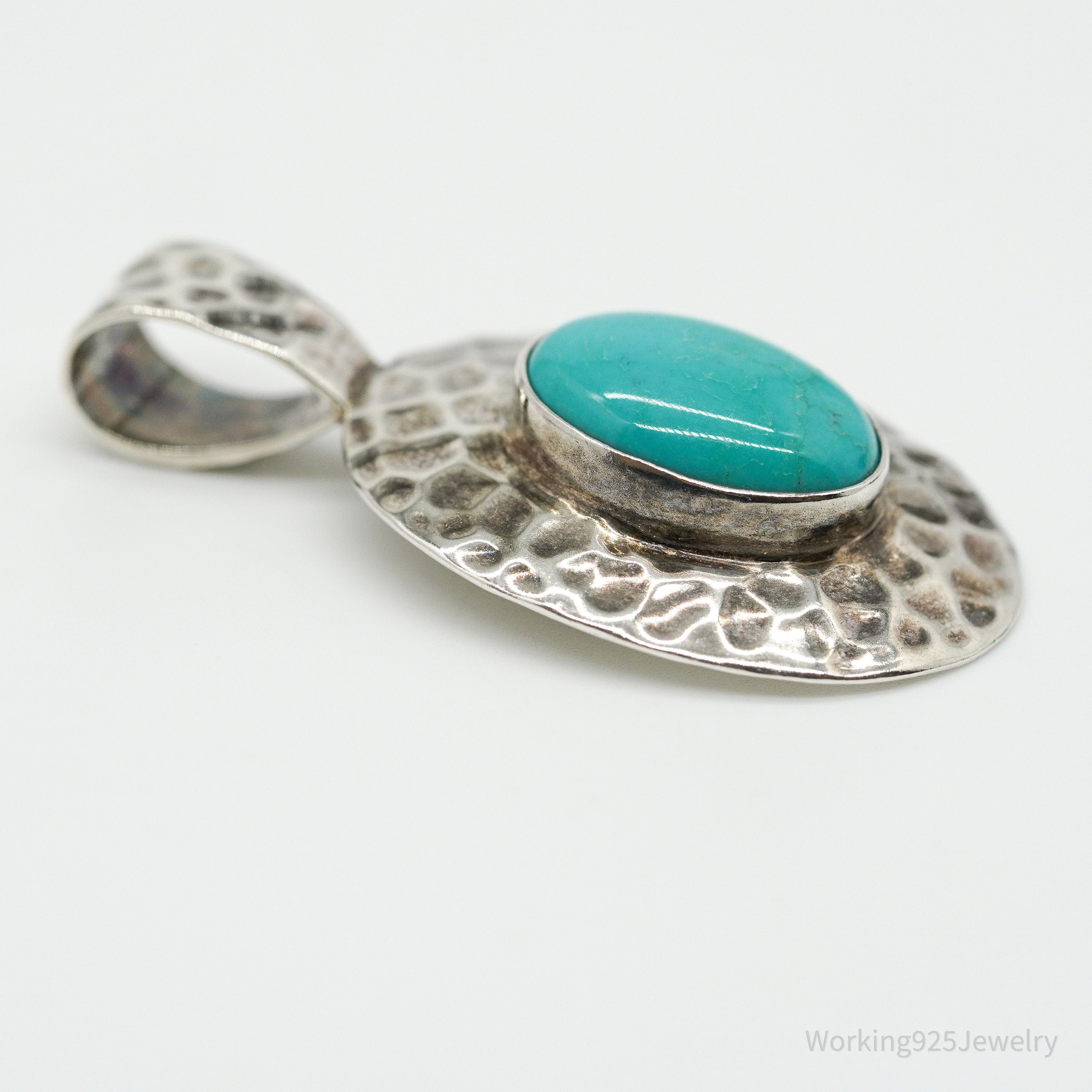 Vintage Large Blue Turquoise Sterling Silver Pendant 1 15/16"