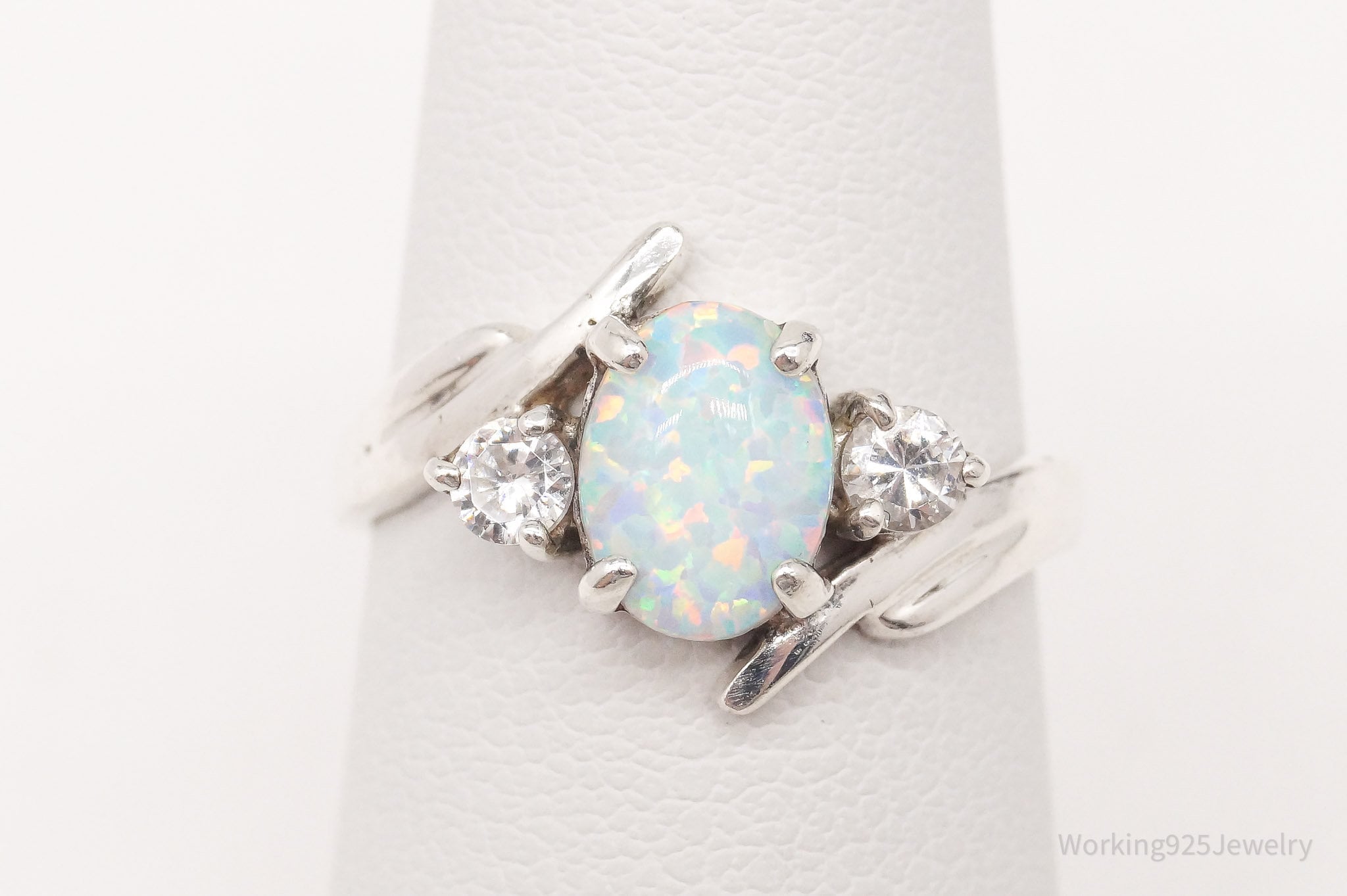 Vintage Opal Cubic Zirconia Sterling Silver Ring - Size 6.25