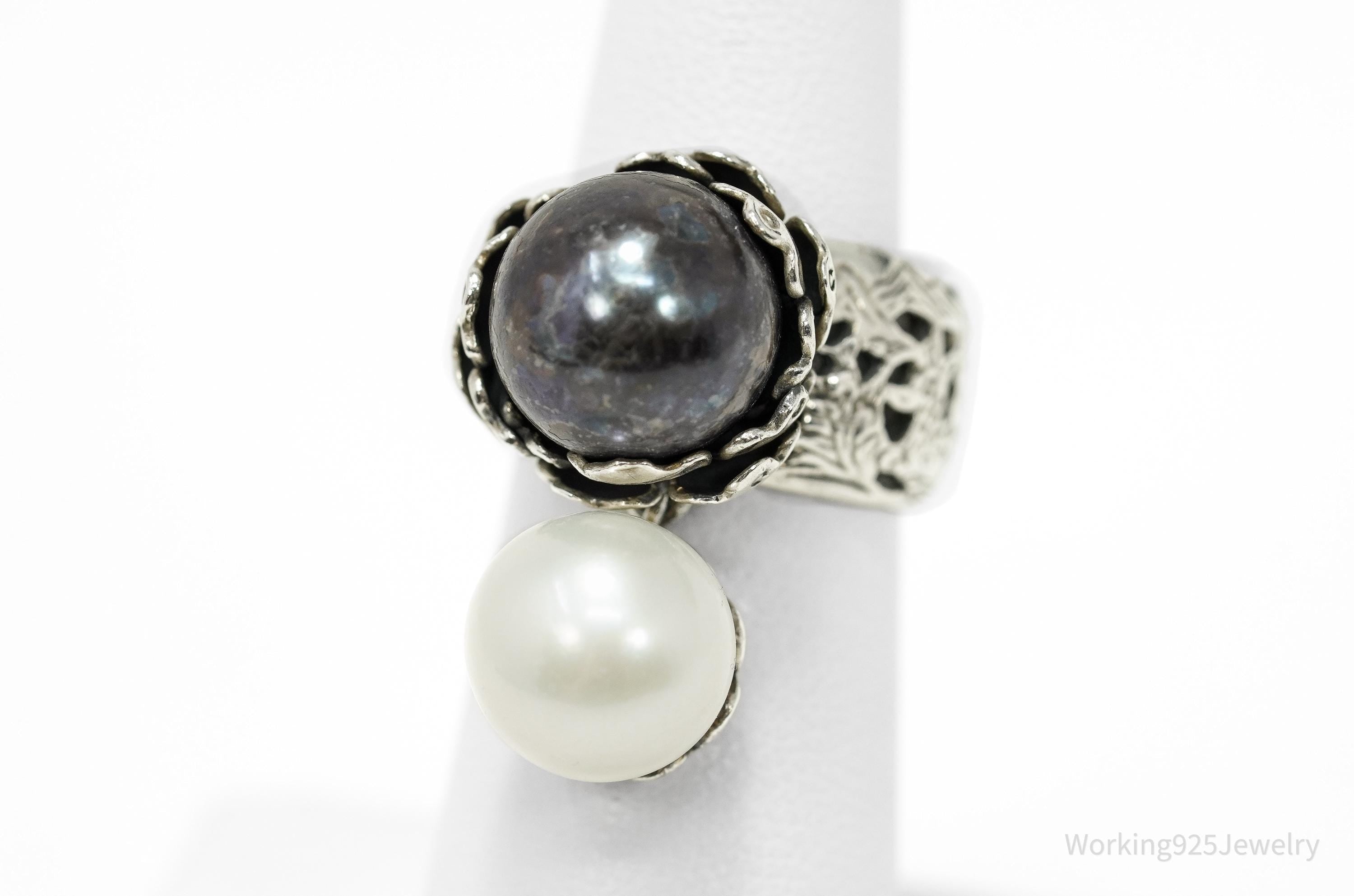 Vintage White & Tahitian Pearl Silver Ring Size 5.75