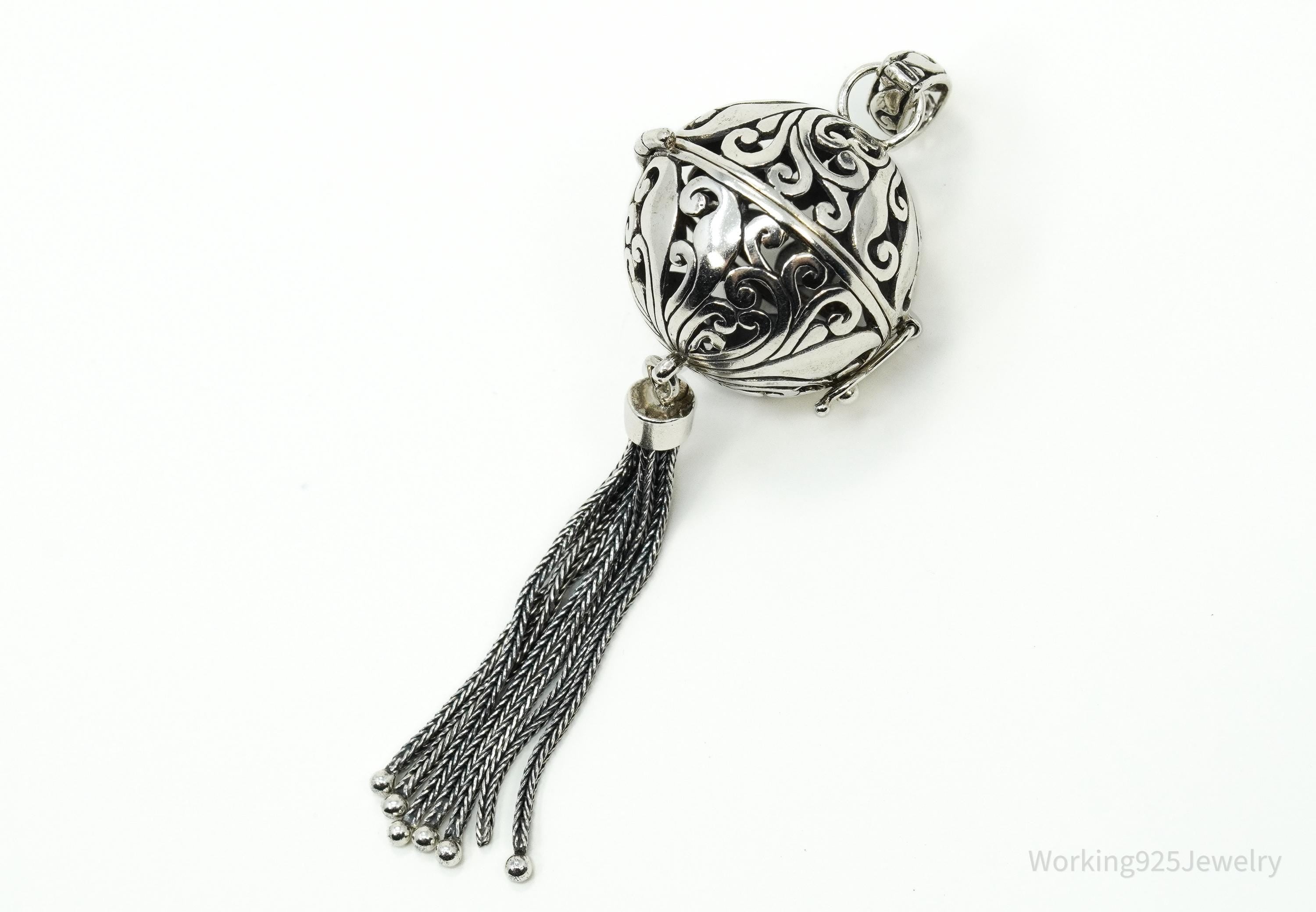 Large Vintage ATI Ornate Ball Dome Cage Sterling Silver Necklace Pendant