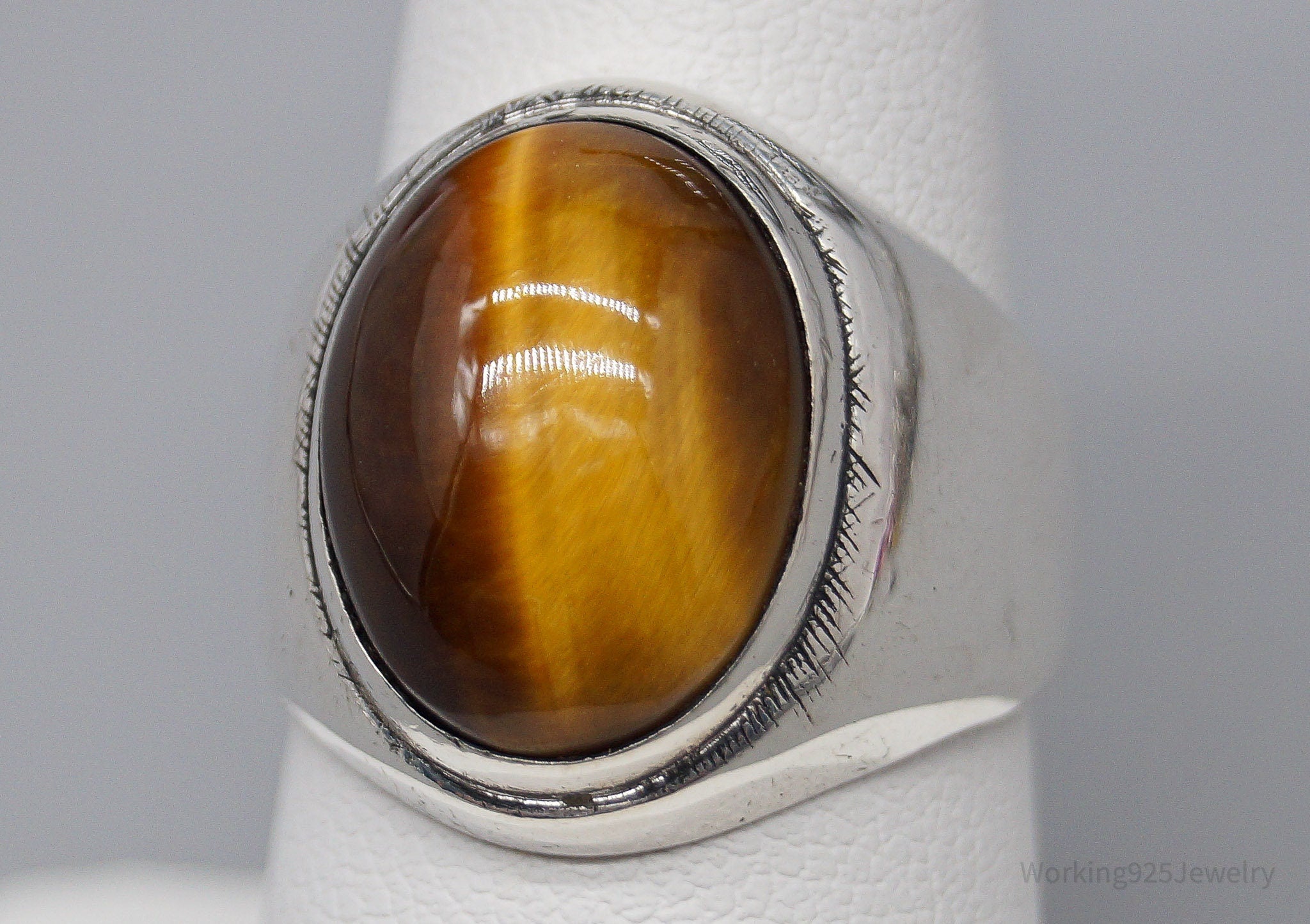 Antique Large Tigers Eye Sterling Silver Ring - Size 8