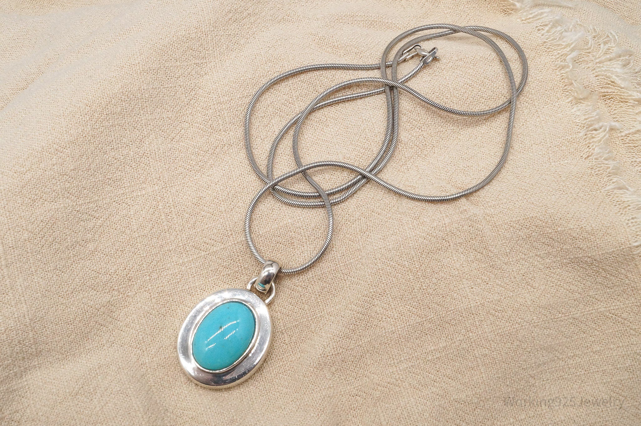 Vintage Large Blue Turquoise Pendant Sterling Silver Necklace 24"