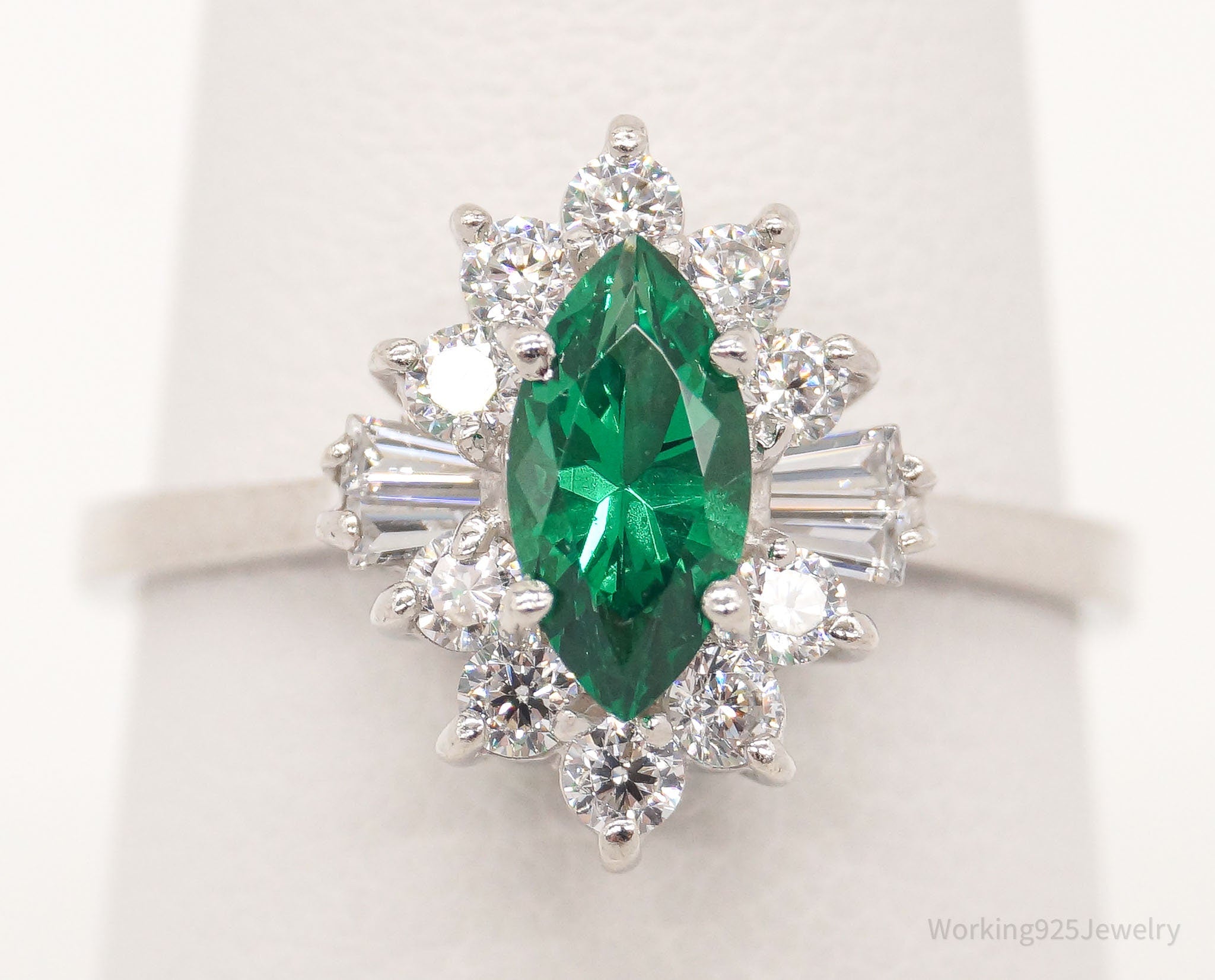 Vintage Lab Emerald Cubic Zirconia Sterling Silver Ring - Size 6.75